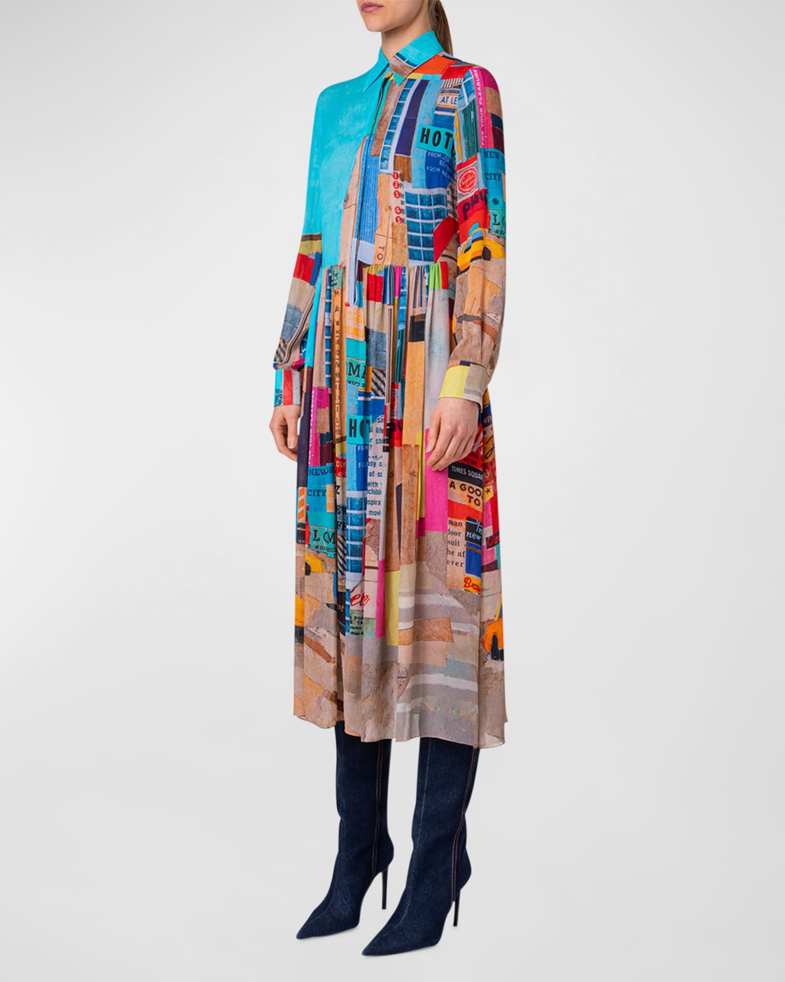 NYC Paper Collage Print Long Sleeve Viscose Georgette Midi Shirtdress