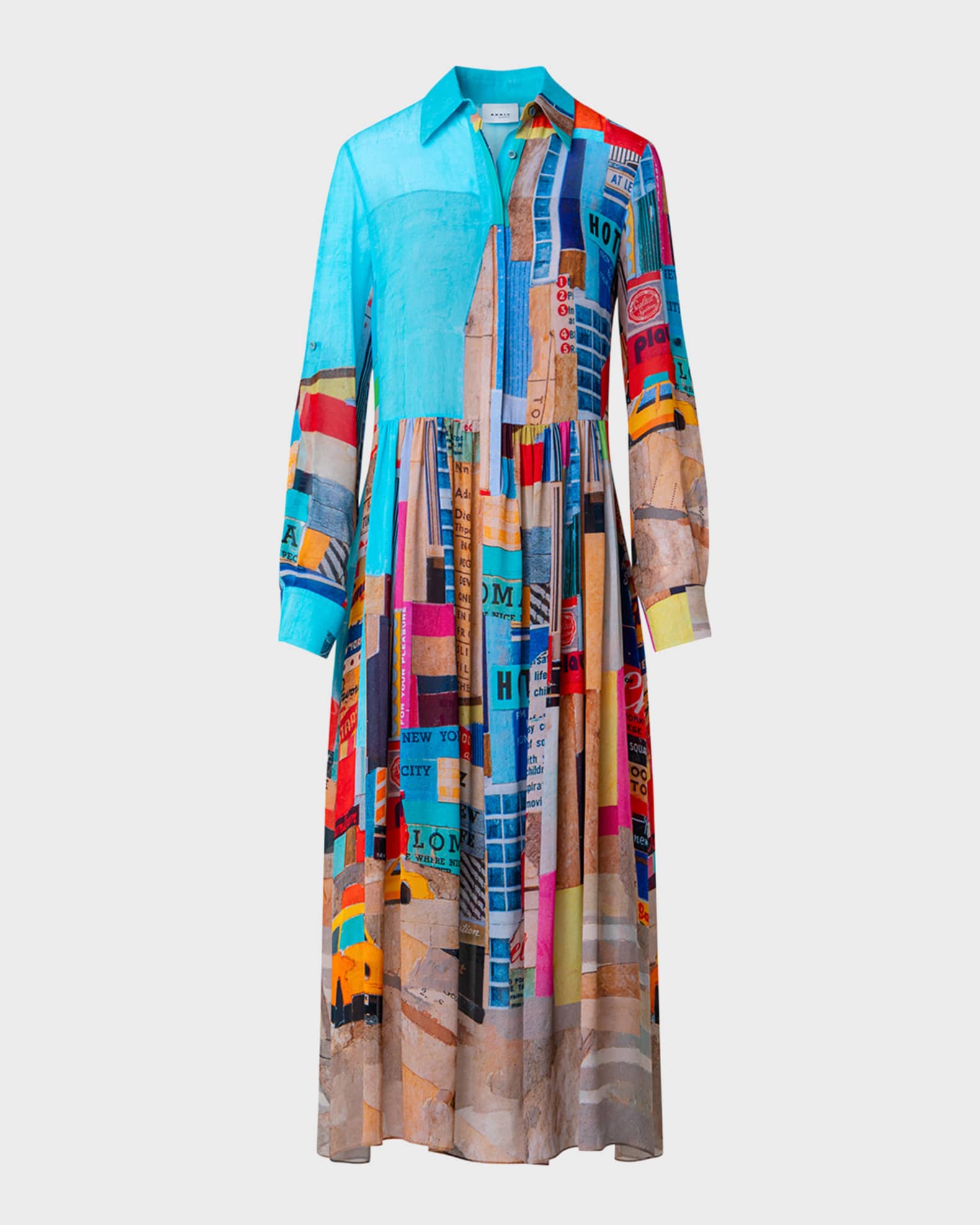 NYC Paper Collage Print Long Sleeve Viscose Georgette Midi Shirtdress