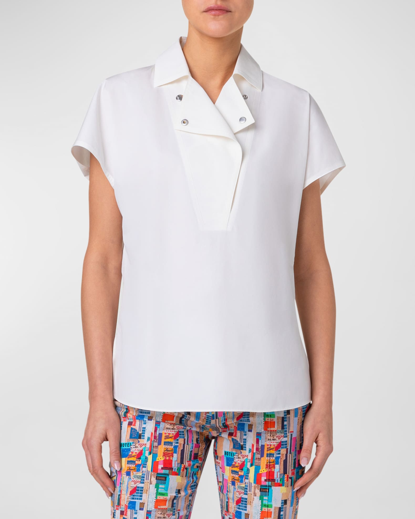 Biker Collar Short-Sleeve Cotton Poplin Stretch Blouse