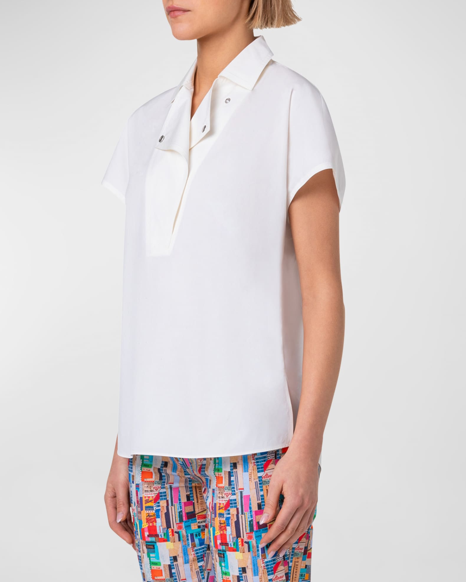 Biker Collar Short-Sleeve Cotton Poplin Stretch Blouse