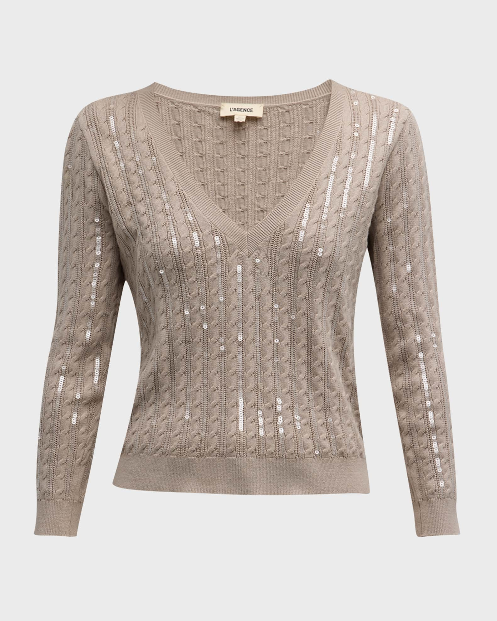 L'AGENCE - Trinity Sequin Stripe V-Neck Sweater in Pale Neutral