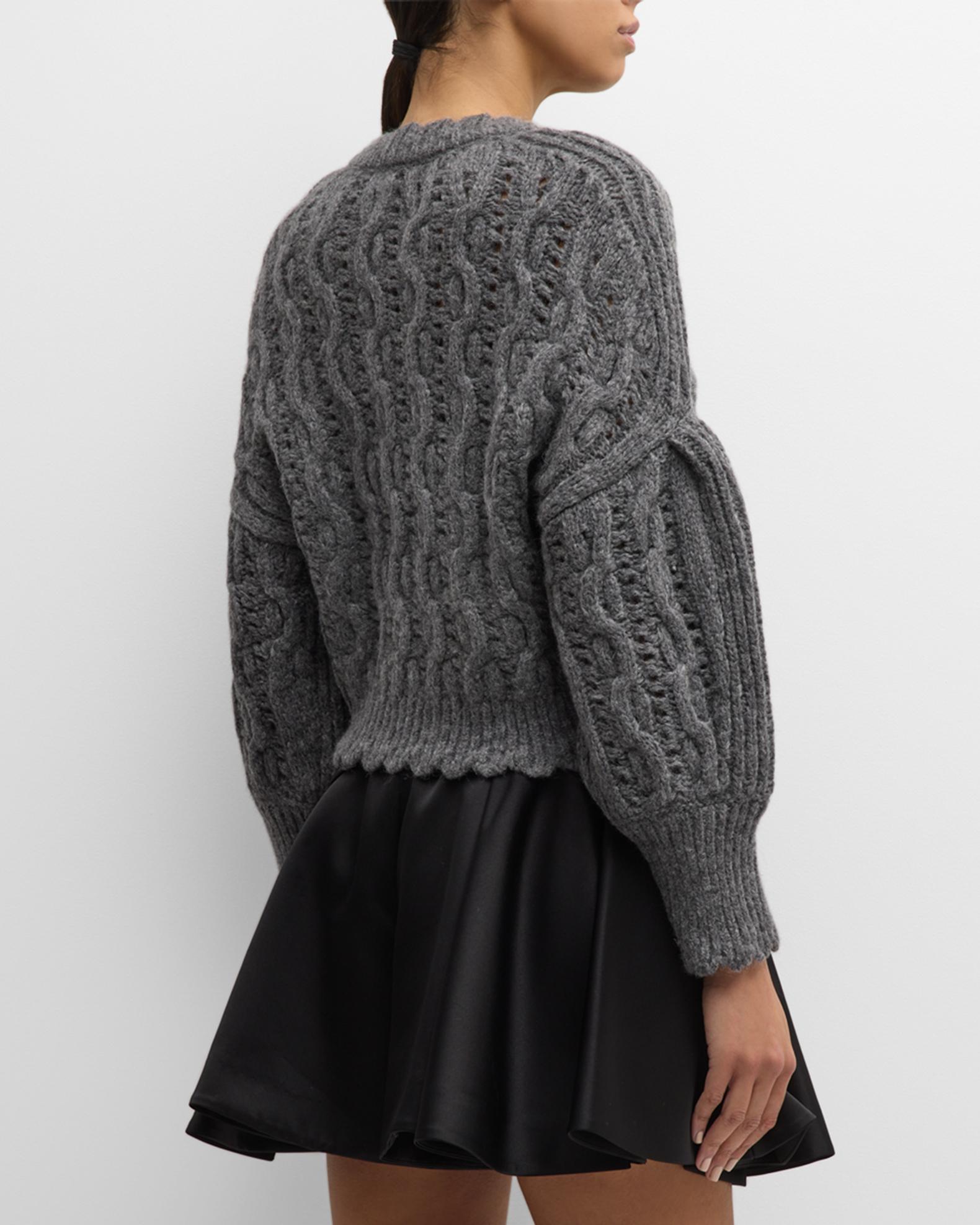 Simone Rocha Bow Puff-Sleeve Lace-Stitch Chunky Knit Crop Sweater ...
