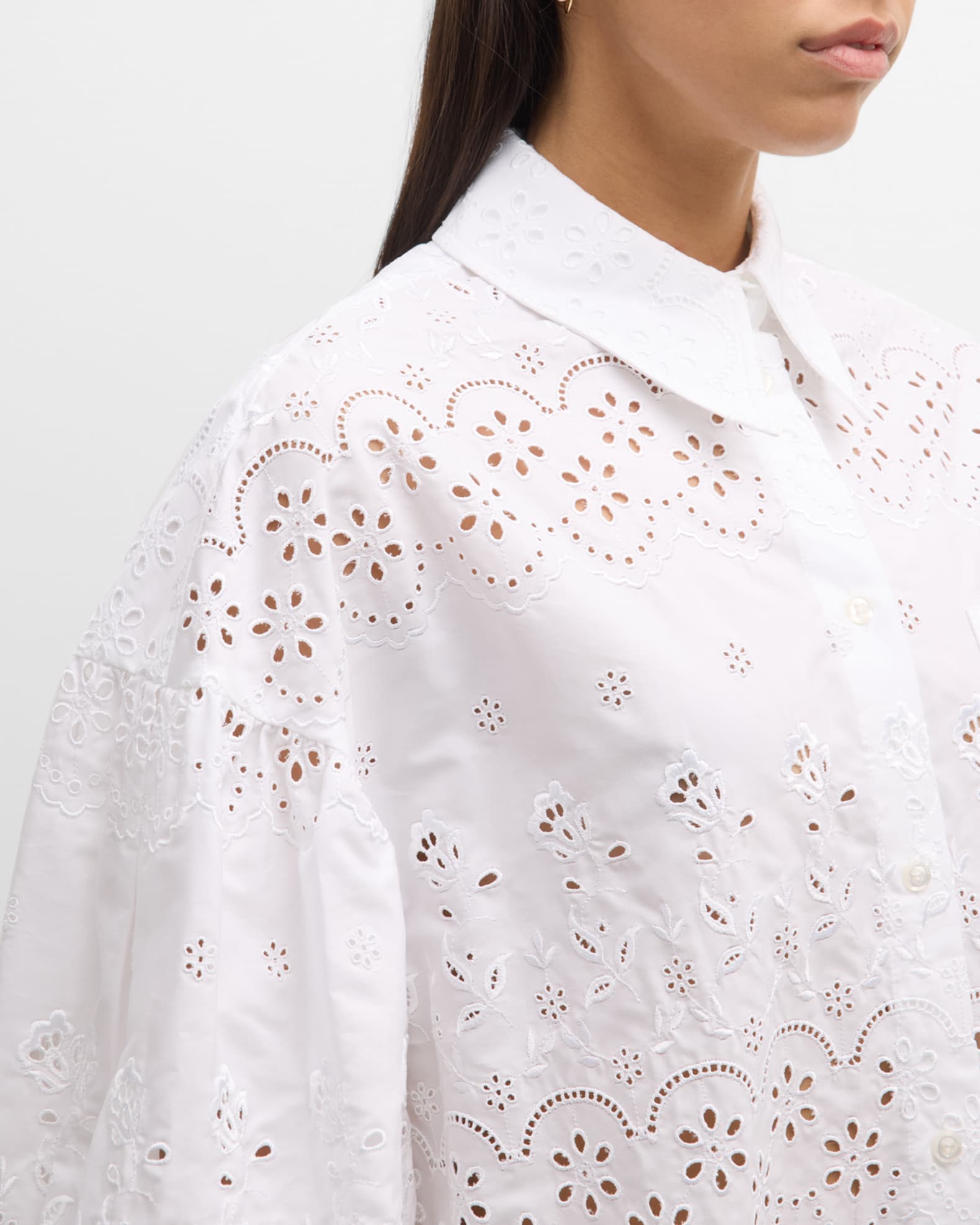 Simone Rocha Eyelet Embroidered Long-Sleeve Ruffle Mini Shirtdress ...