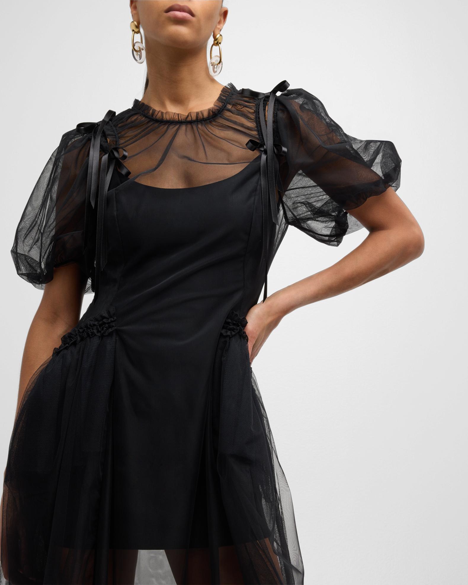 Simone Rocha Puff-Sleeve Bow Ruched Bite-Cutout Tulle Midi Dress ...