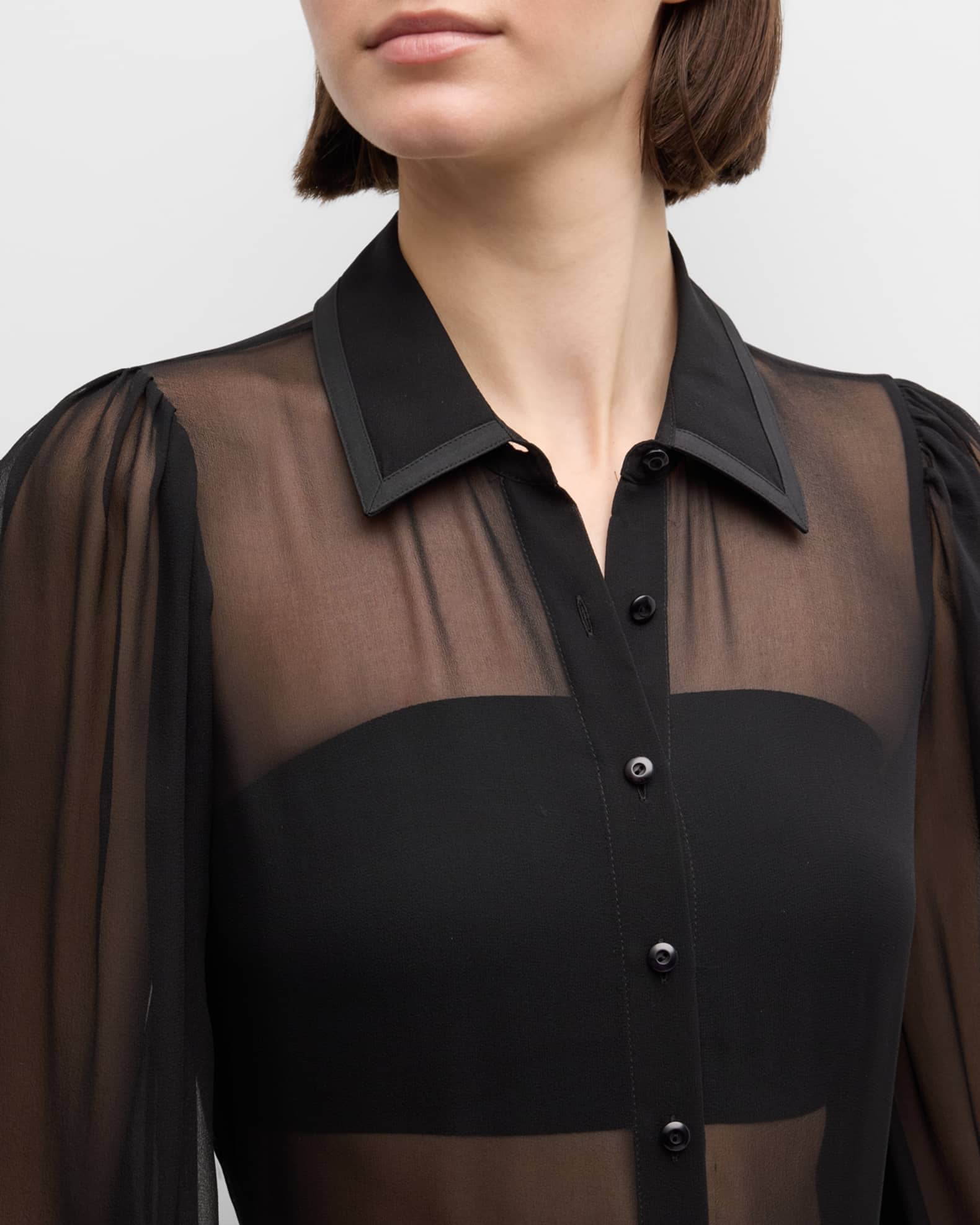 ALICE + OLIVIA Roanne Sheer Blouson-Sleeve Button-Front Shirt | Neiman ...