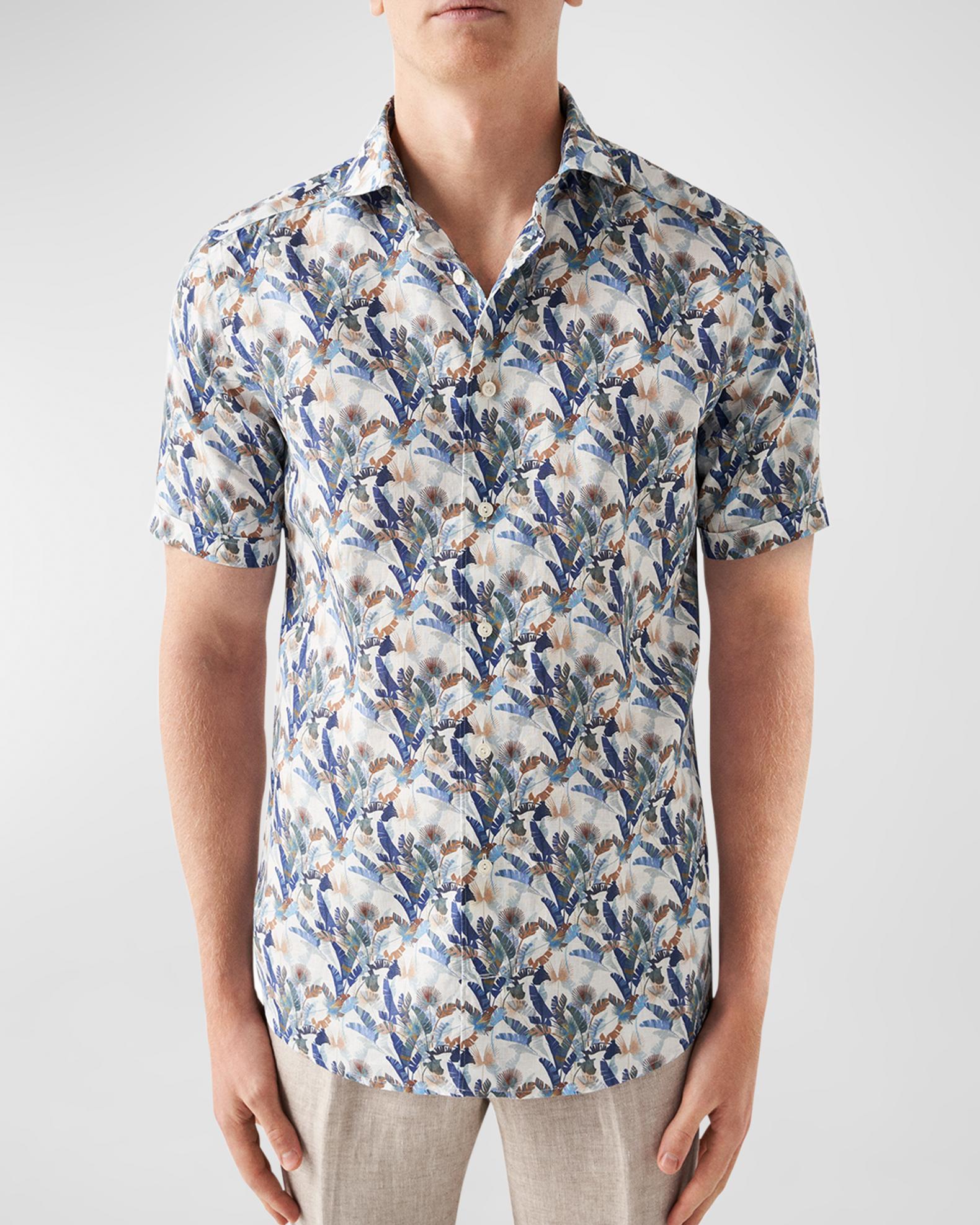 Eton Men's Contemporary Fit Palm Print Linen Short-Sleeve Shirt ...