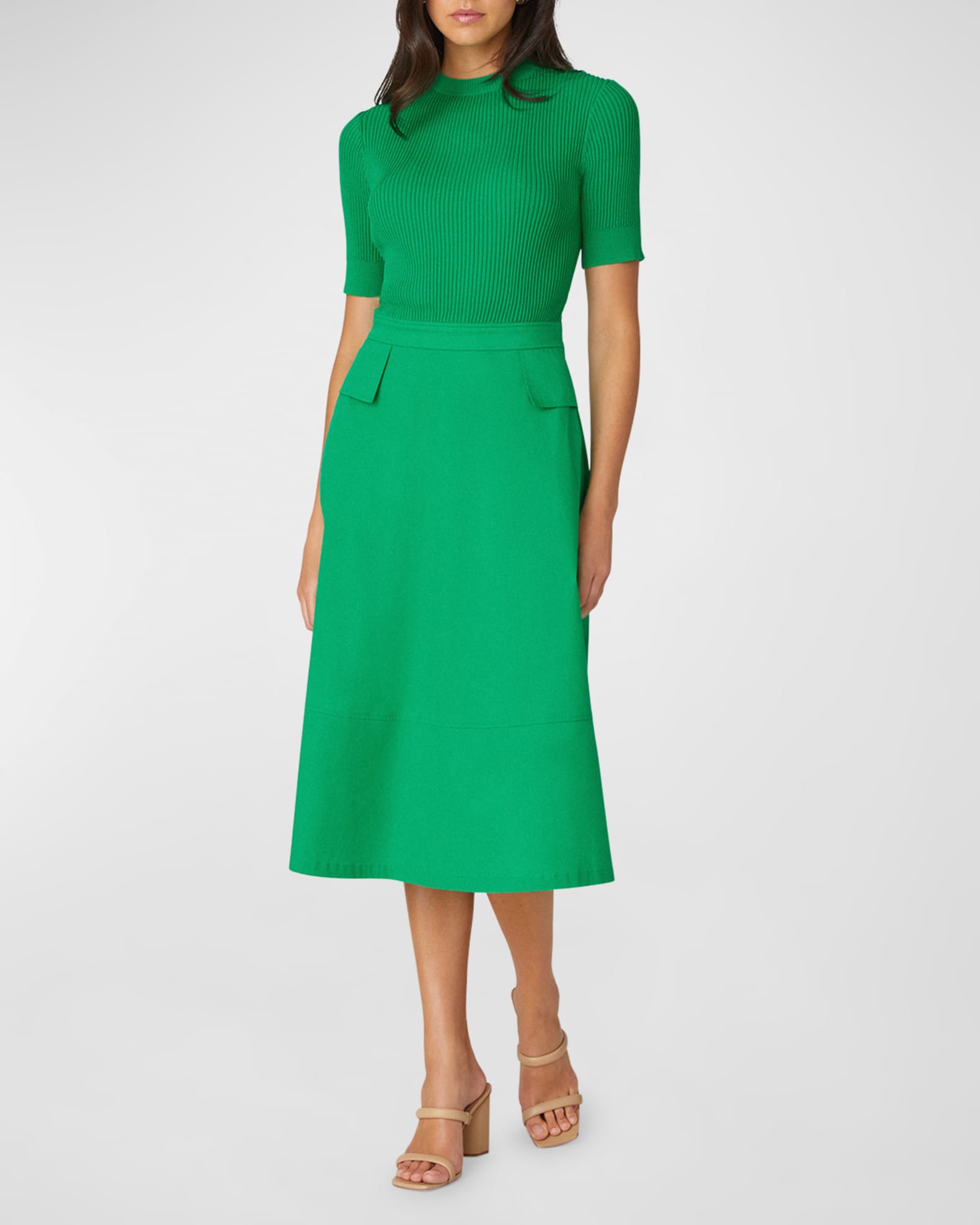 Shoshanna Harriet Ribbed Mock Neck Midi Dress Neiman Marcus