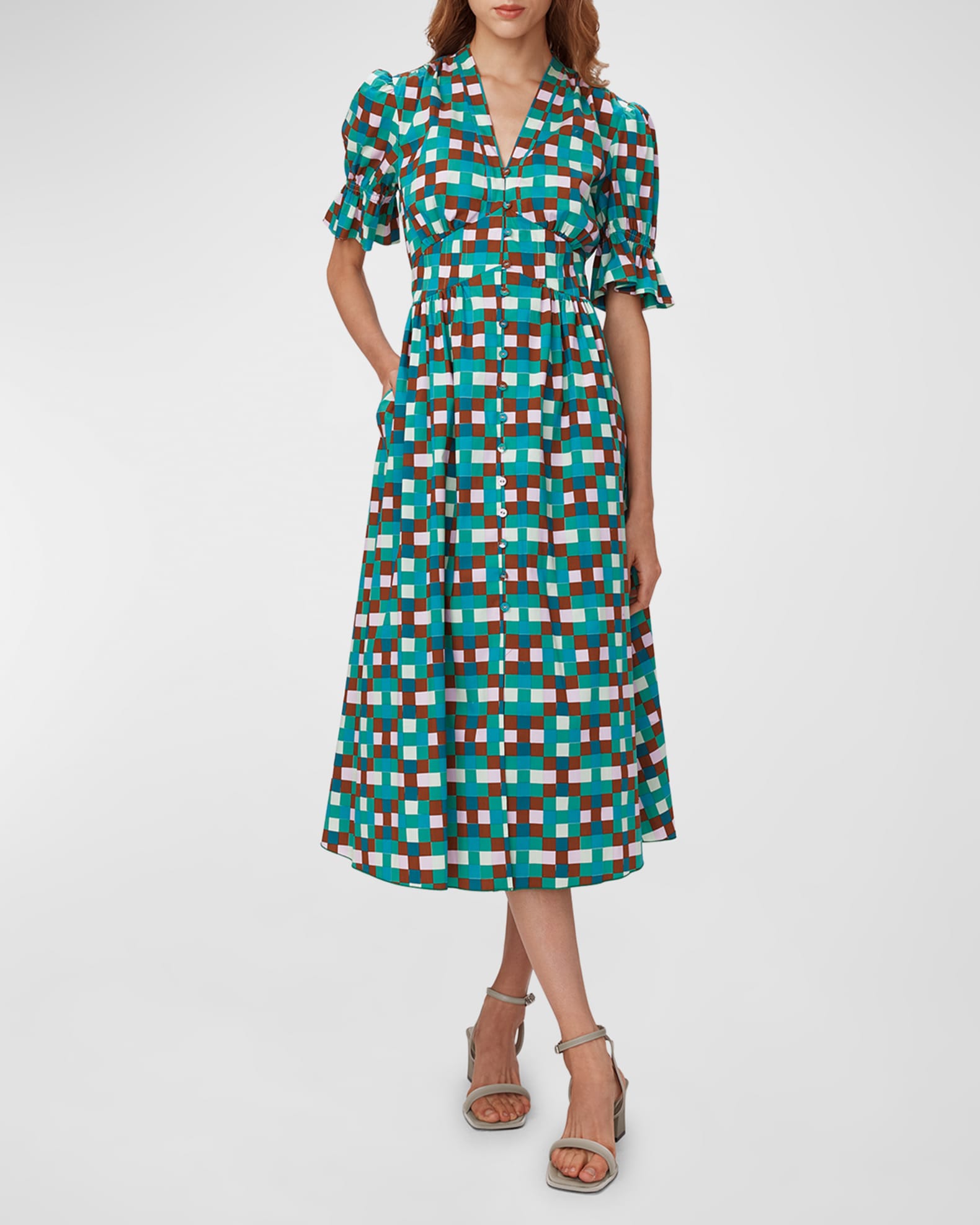 Geometric Print Puff Sleeve Midi Dress