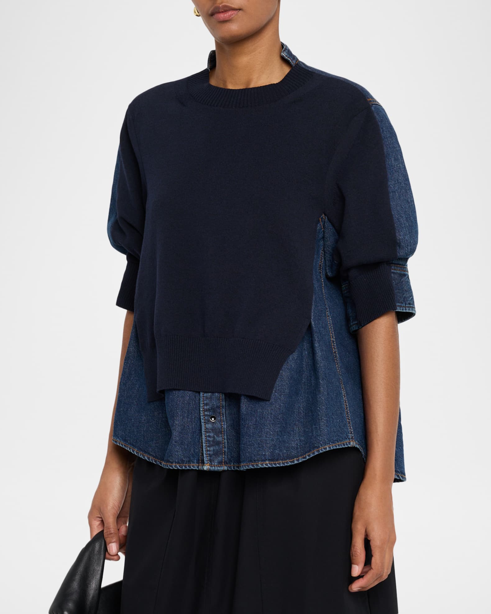 SACAI Layered Knit and Denim Shirt | Neiman Marcus