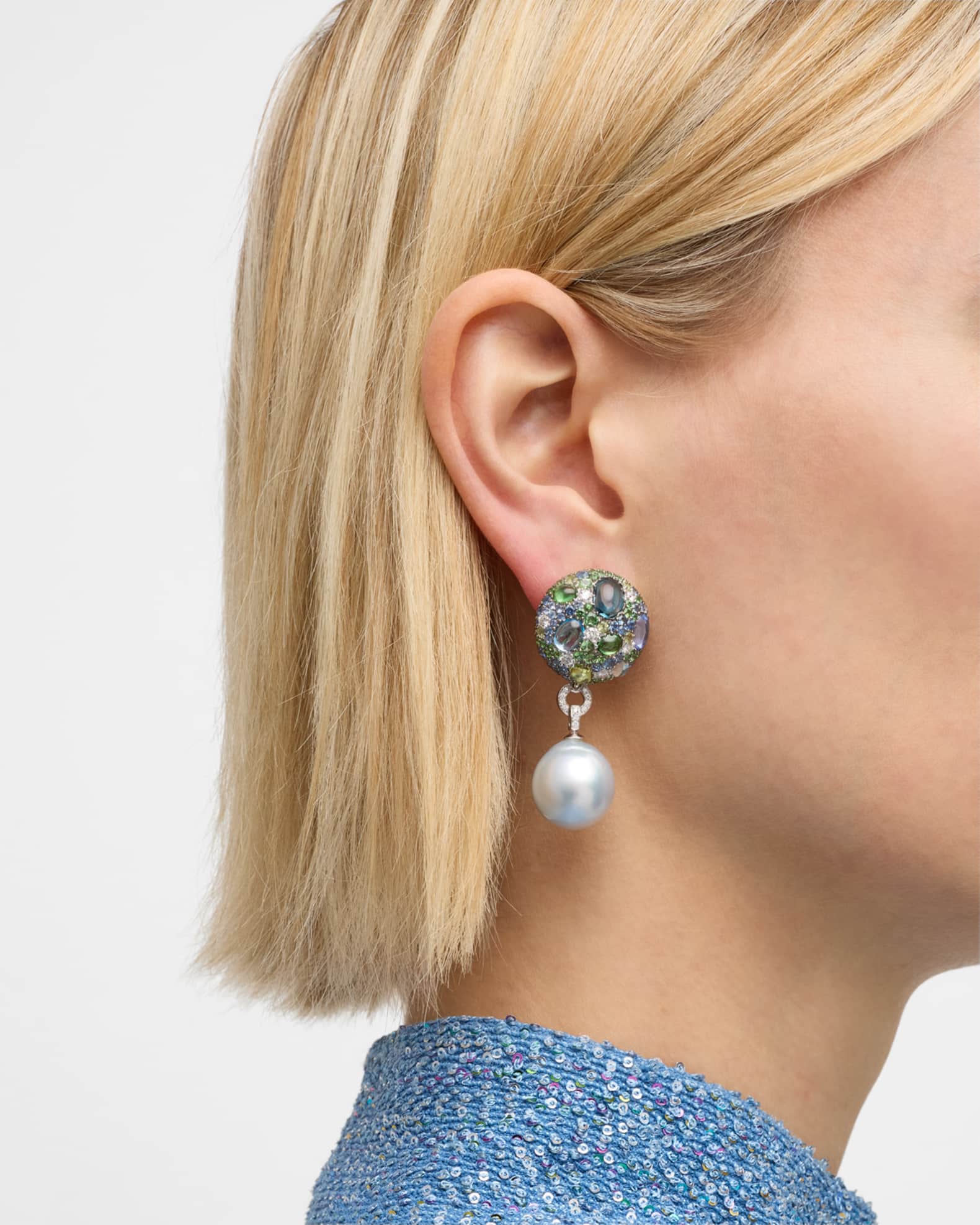 Margot McKinney Jewelry 18k White Gold Mixed Stone Cookie Pearl Drop Earrings Neiman Marcus