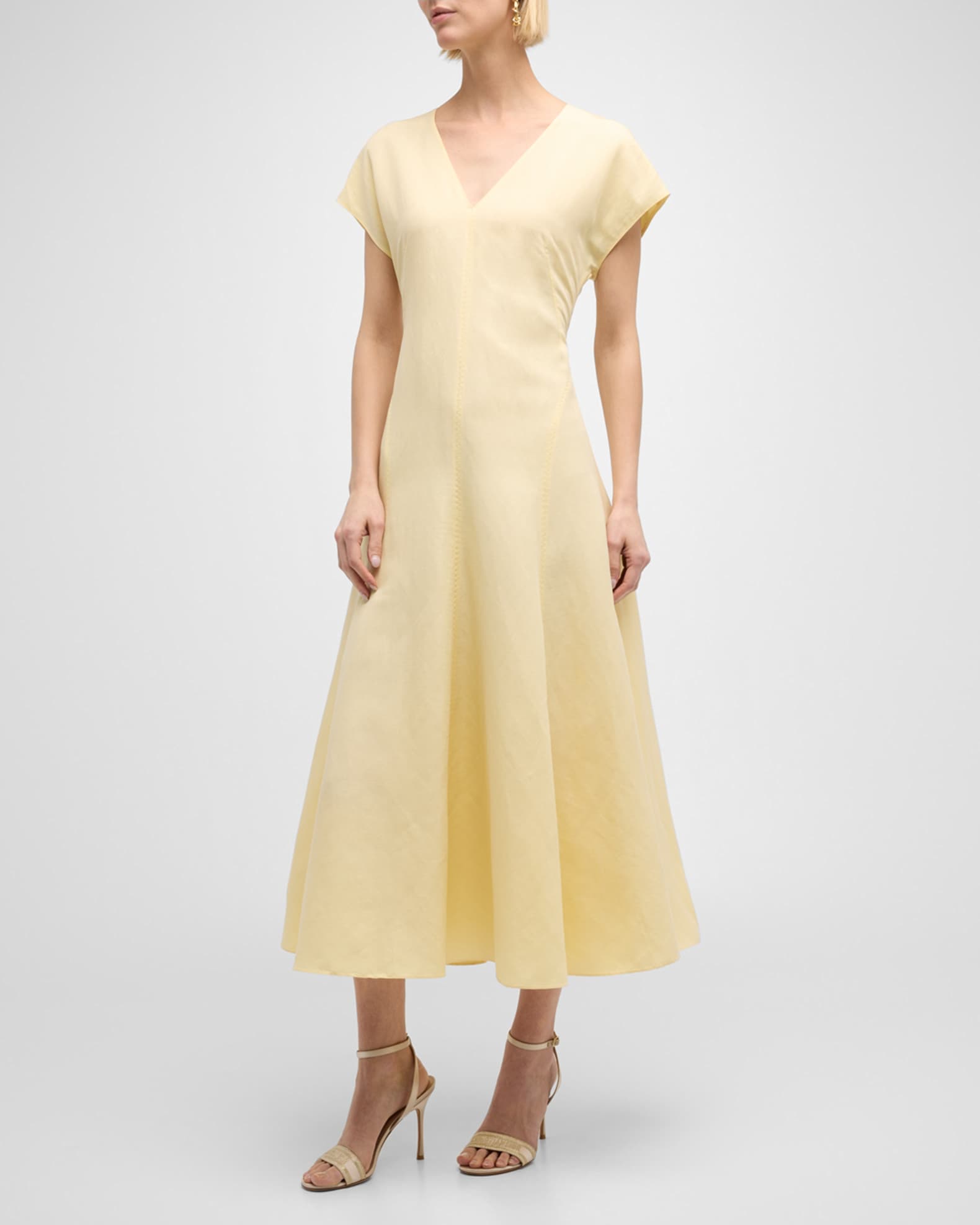 V Neck A Line Silk Linen Midi Dress