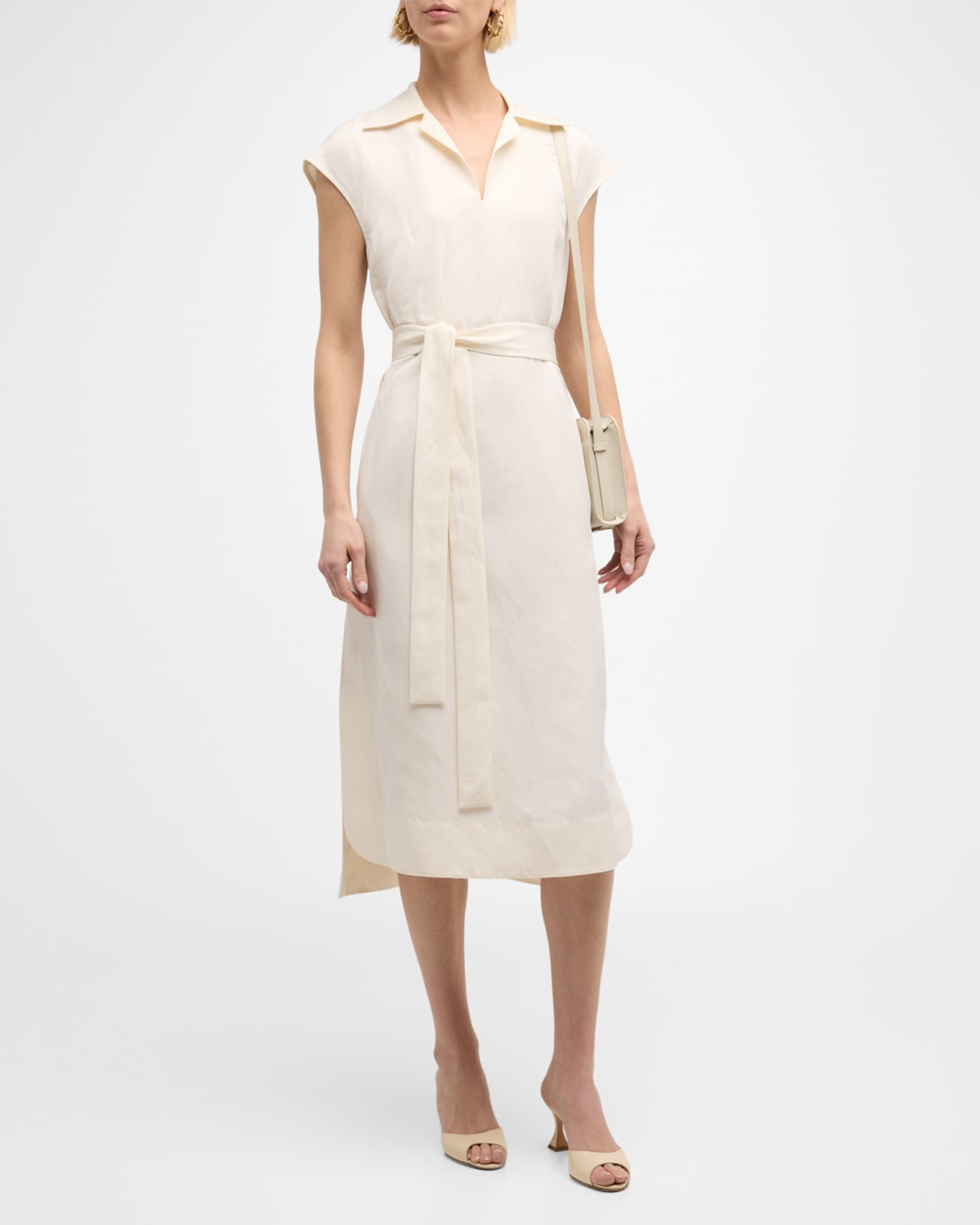 Lafayette 148 New York Belted Cap-Sleeve Silk-Linen Midi Dress | Neiman ...