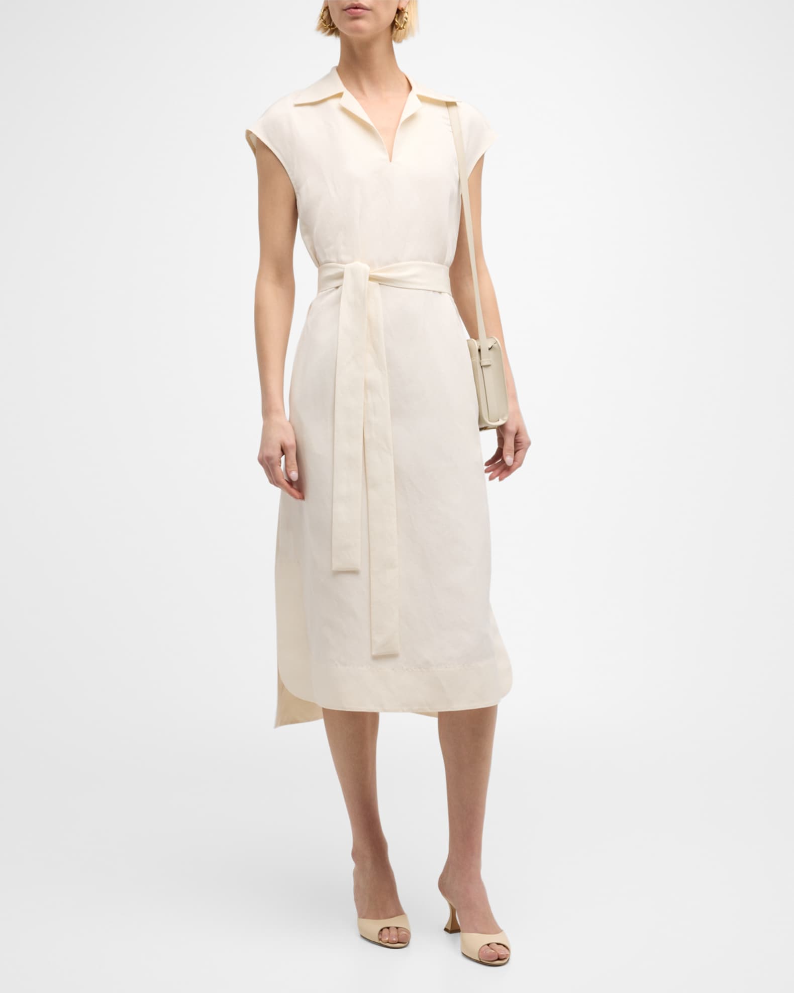 Lafayette 148 New York Belted Cap-Sleeve Silk-Linen Midi Dress