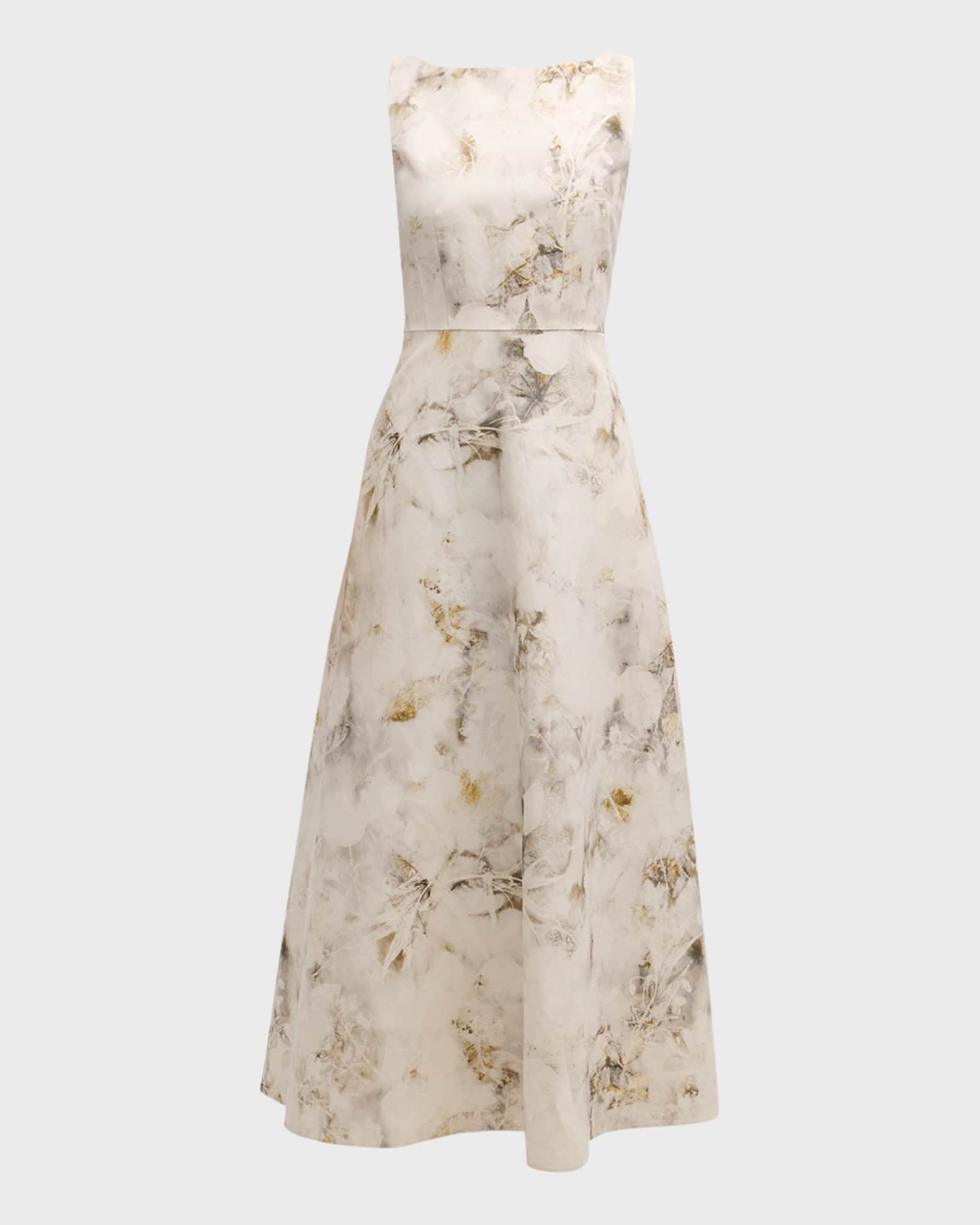 Lafayette 148 New York Sleeveless Leaf-Print Silk-Linen Midi Dress