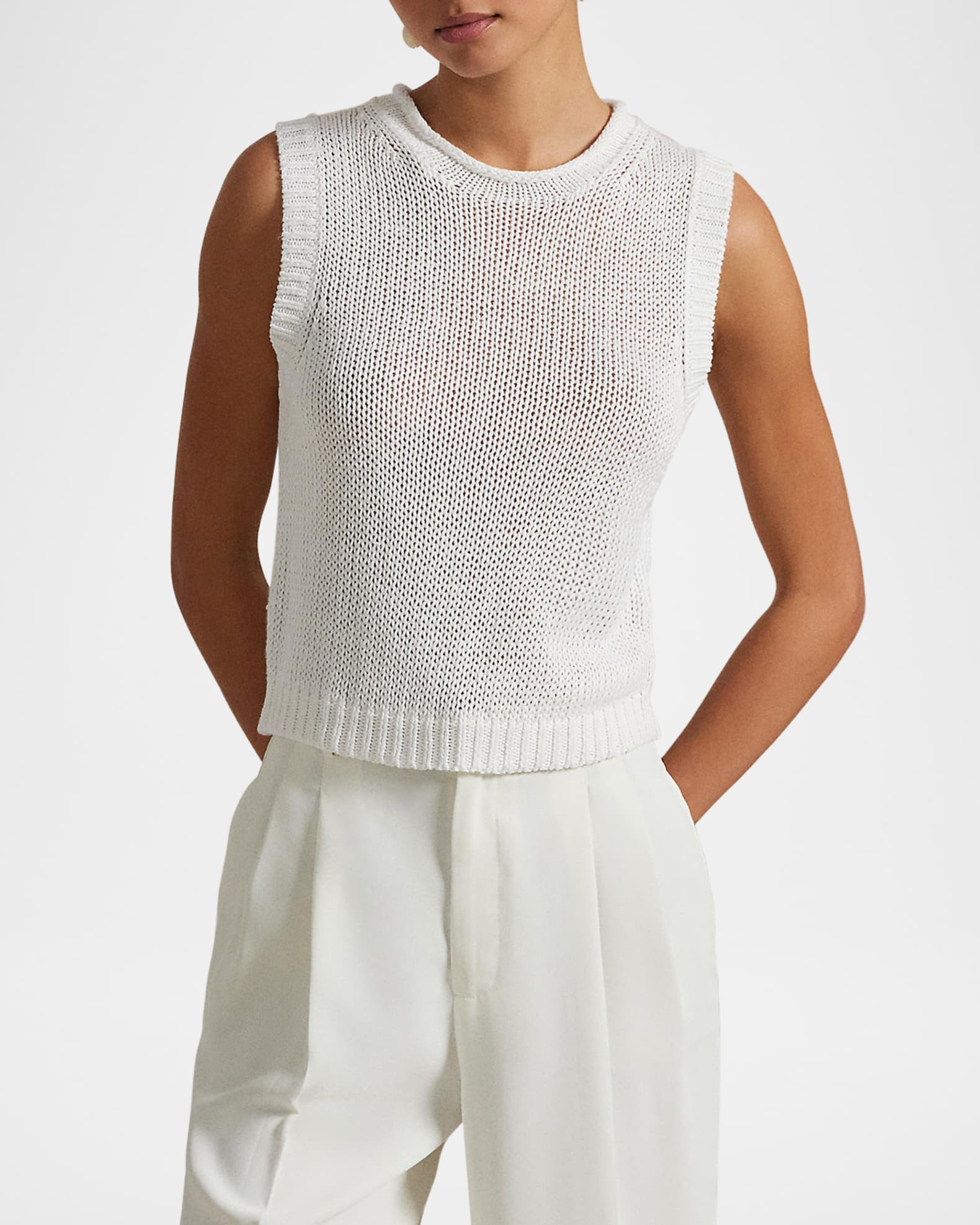 (取寄) ローレン ラルフローレン レディース コットンブレンド タンク トップ Lauren Ralph Lauren women Cotton-Blend Tank Top White Linen-Cotton Sleeveless Sweater Tank | Ralph Lauren