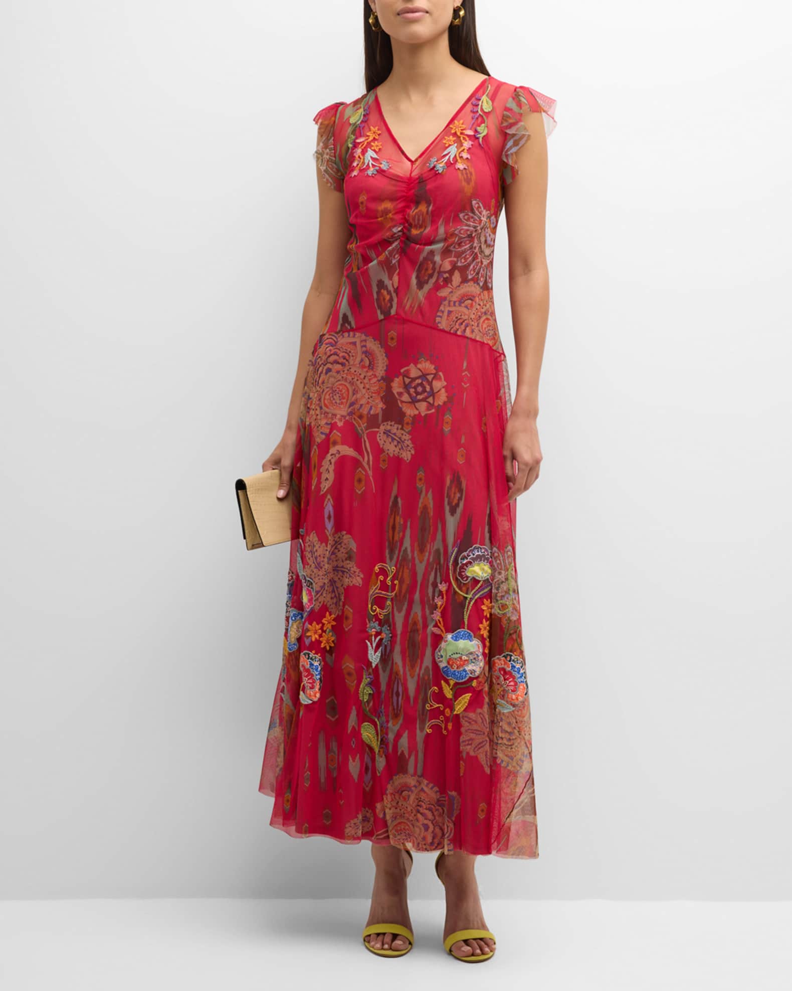 Johnny Was Floral-Embroidered Ruffle-Trim Mesh Maxi Dress | Neiman Marcus
