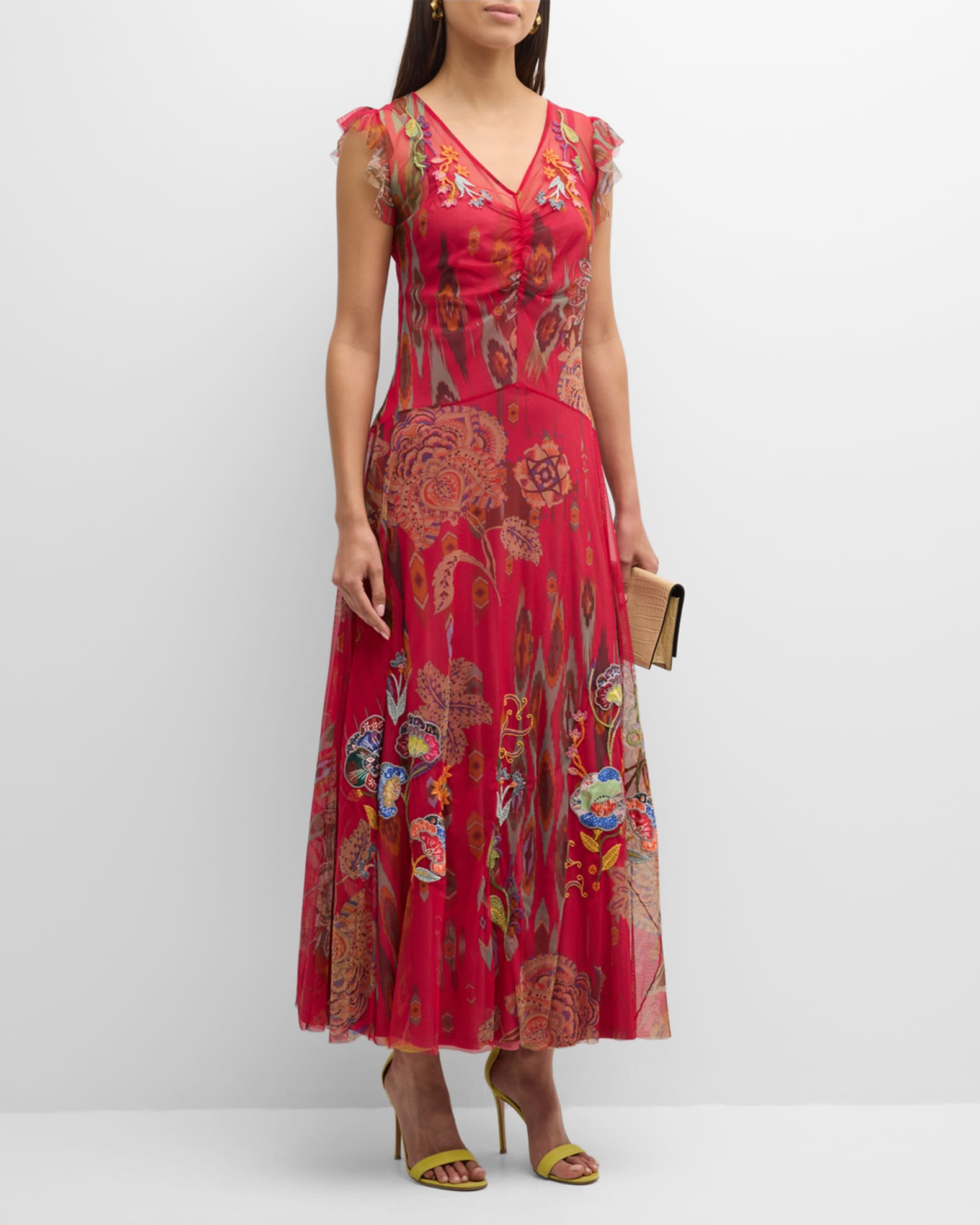 Johnny Was Floral-Embroidered Ruffle-Trim Mesh Maxi Dress | Neiman Marcus