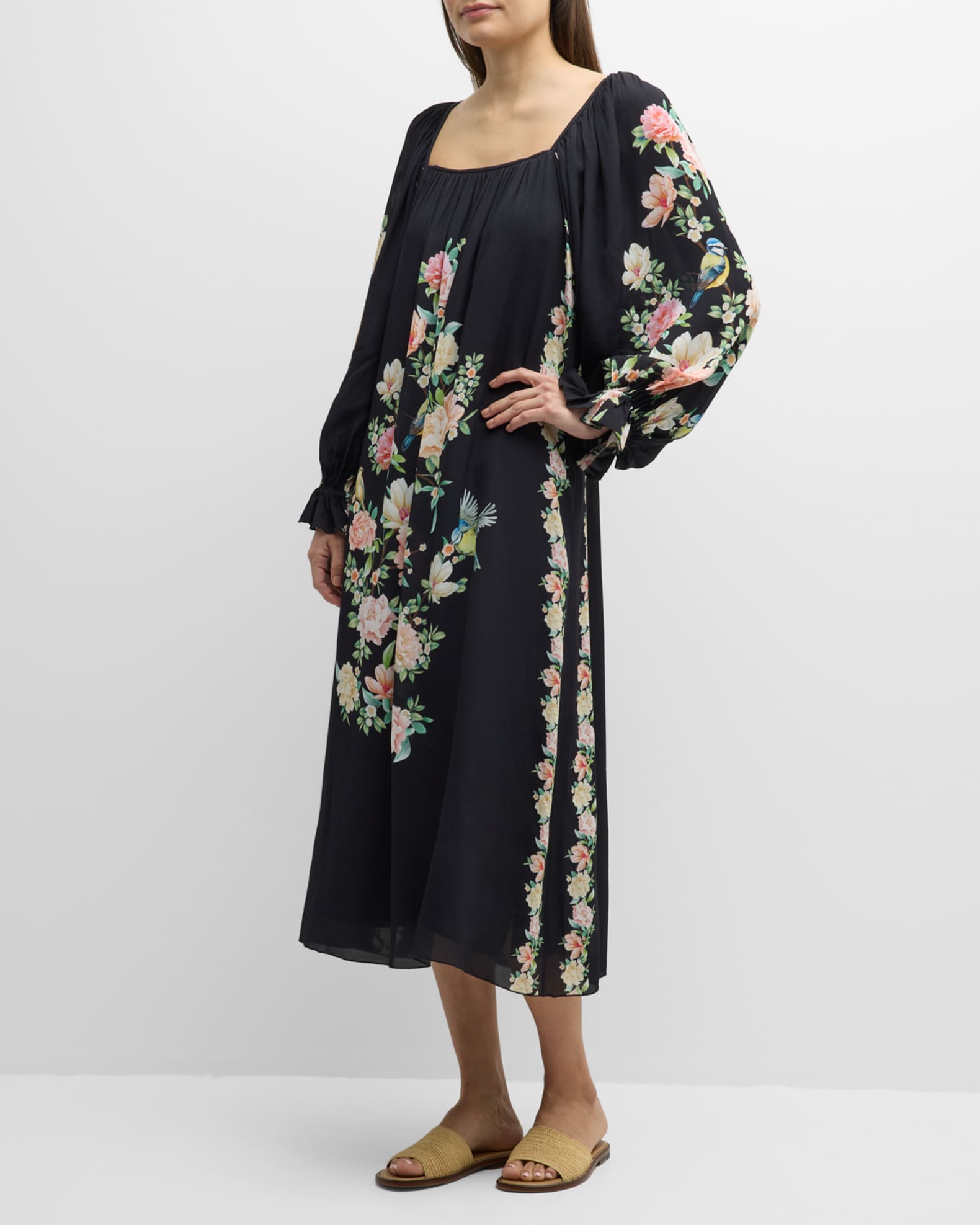 Johnny Was Byrdie Floral-Print Blouson-Sleeve Midi Dress | Neiman Marcus