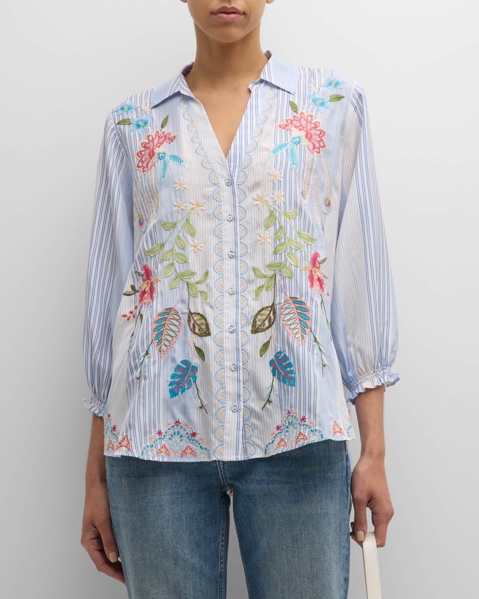 Johnny Was Emika Striped Floral Embroidered Silk Shirt Neiman Marcus