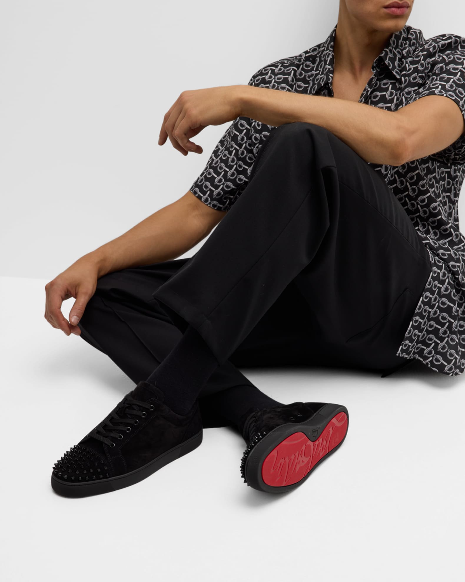 Christian Louboutin Men s Louis Junior Spikes Leather Low Top Sneakers Neiman Marcus