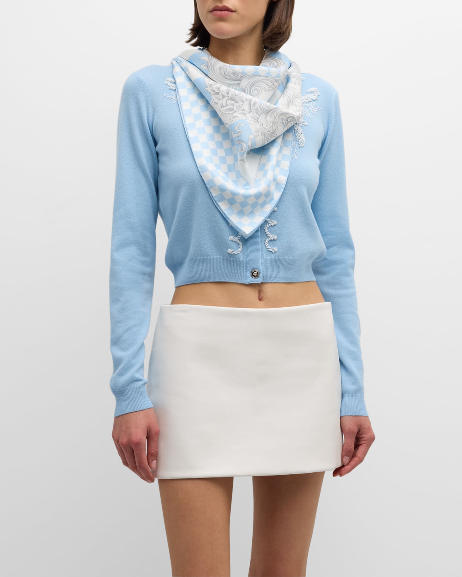 Versace Baroque Checkered Silk Square Scarf Pastel Blue White Silver