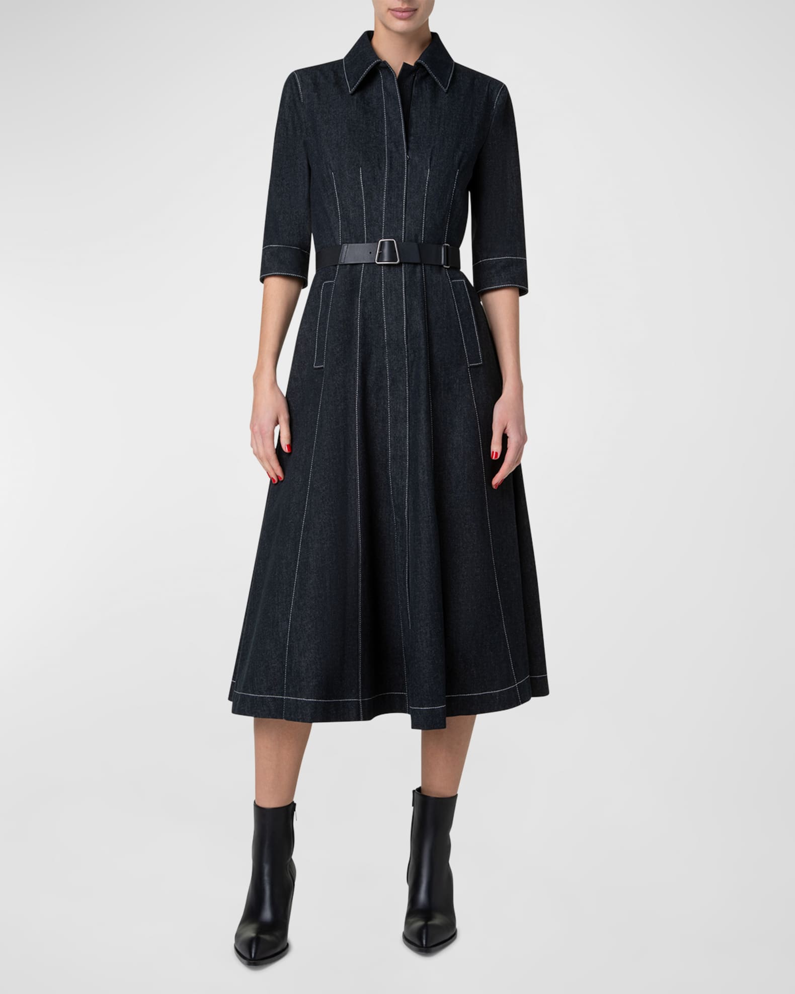 Belted Cotton Denim Midi Dress with Contrast Stitching 1
