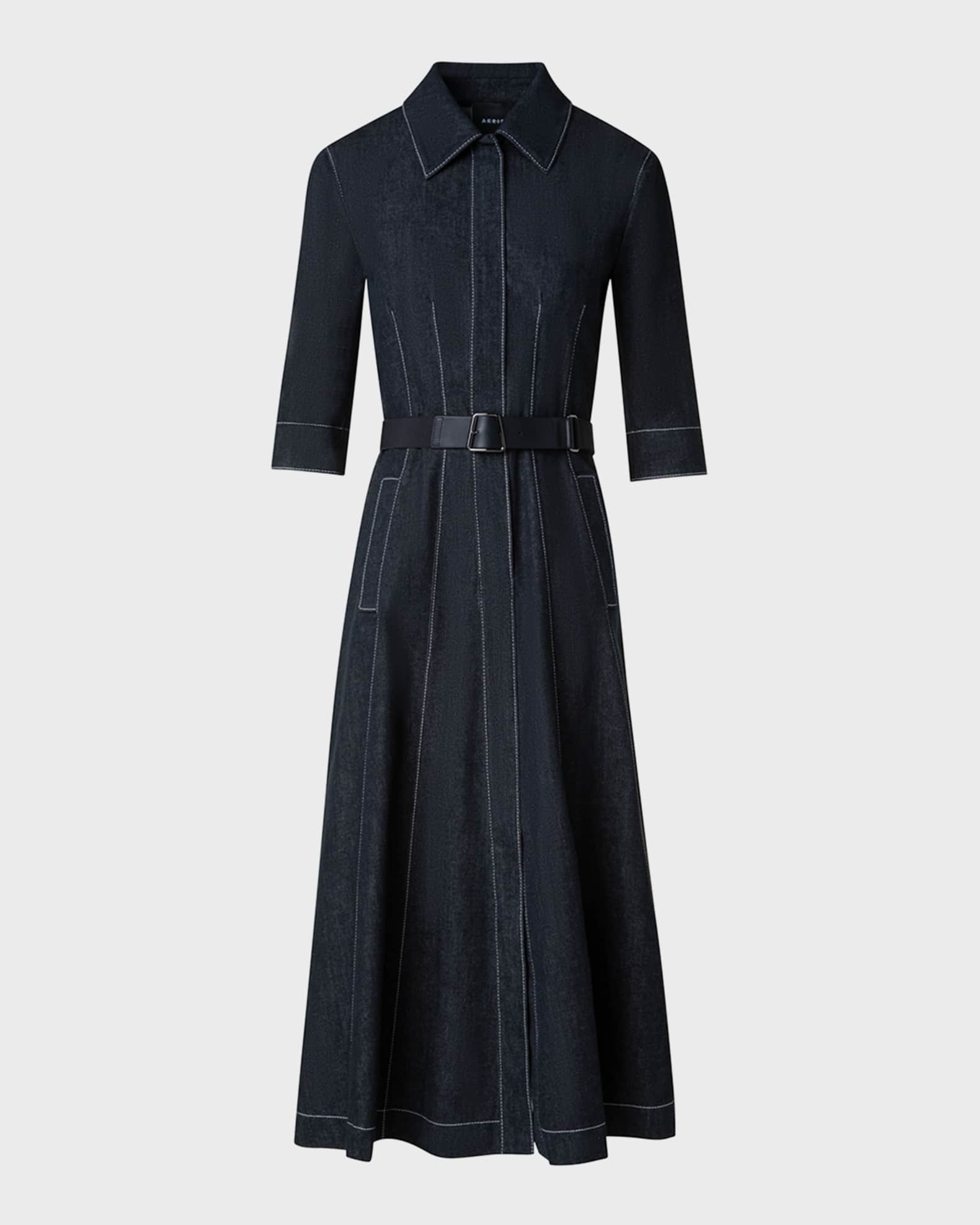 Belted Cotton Denim Midi Dress with Contrast Stitching 0