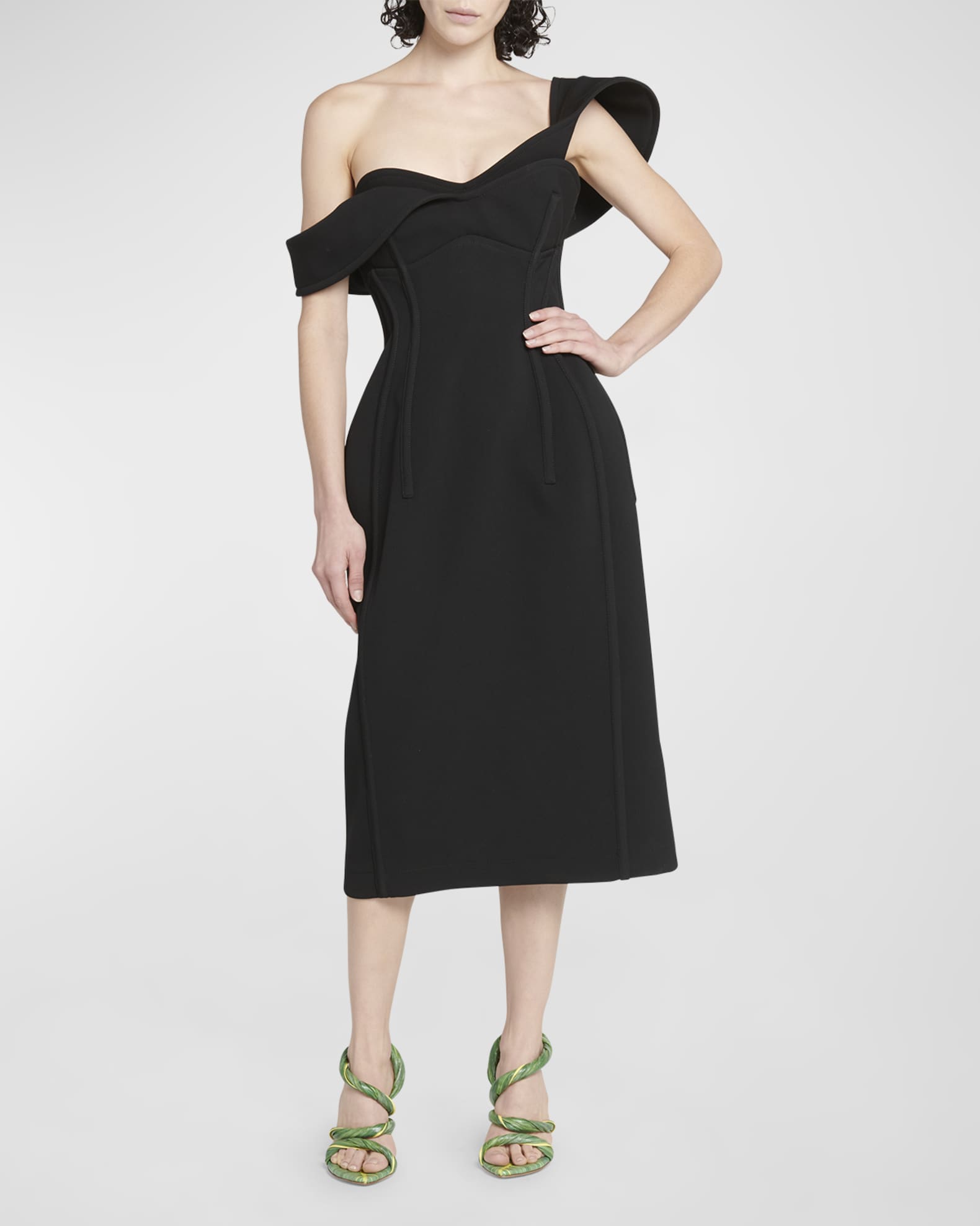 Bottega Veneta Off-The-Shoulder Bonded Wool Tricotine Midi