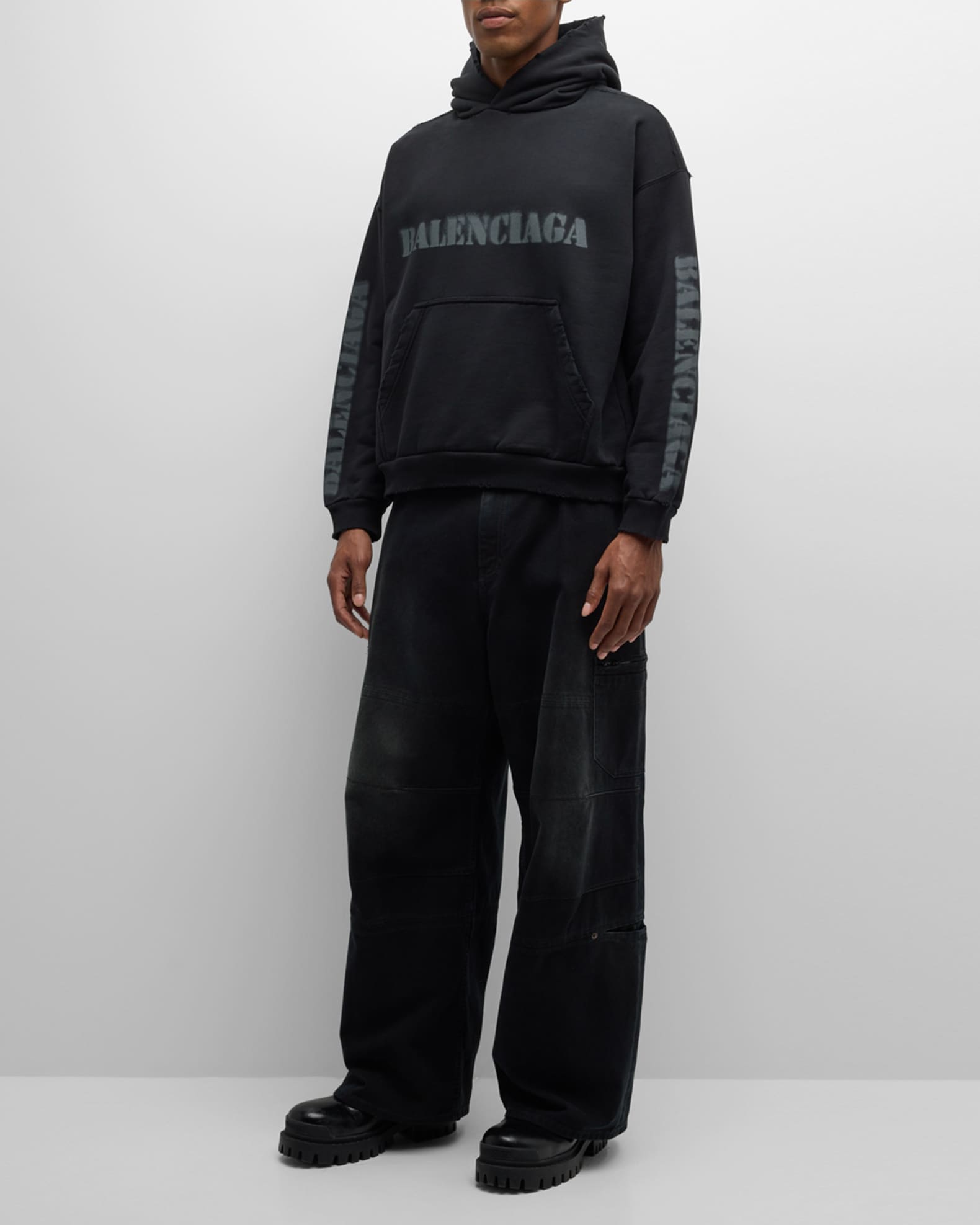 Balenciaga Men's Fleece Stencil Logo Hoodie | Neiman Marcus