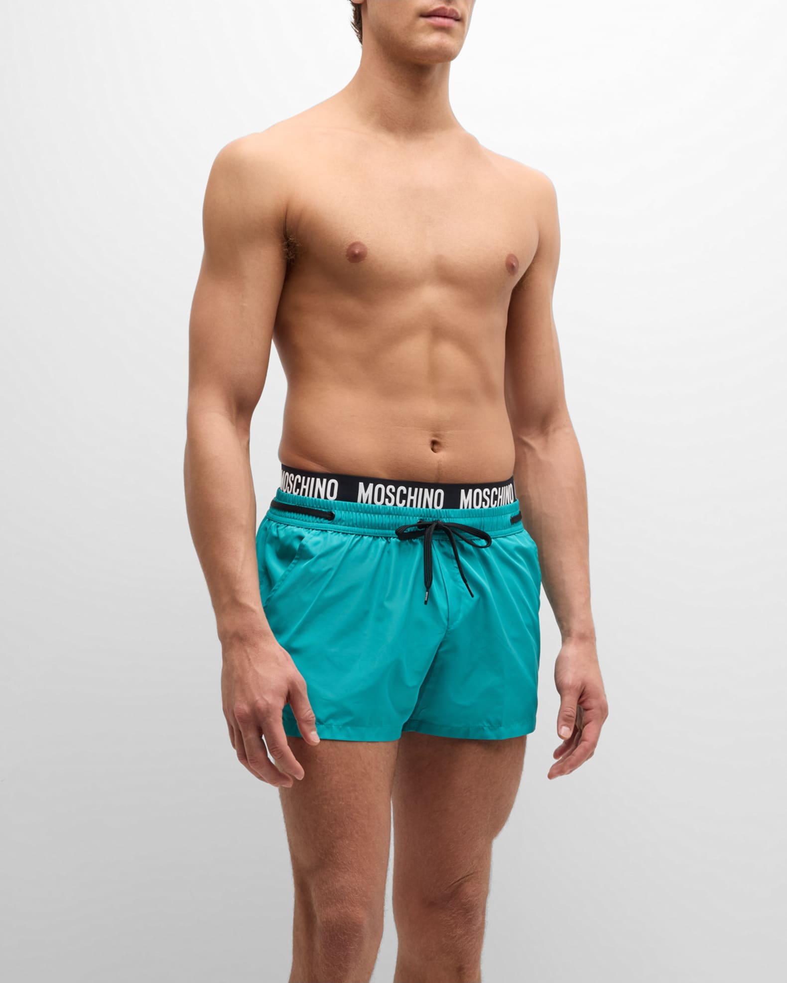 Moschino Men's Contrast Logo Waistband Swim Shorts | Neiman Marcus