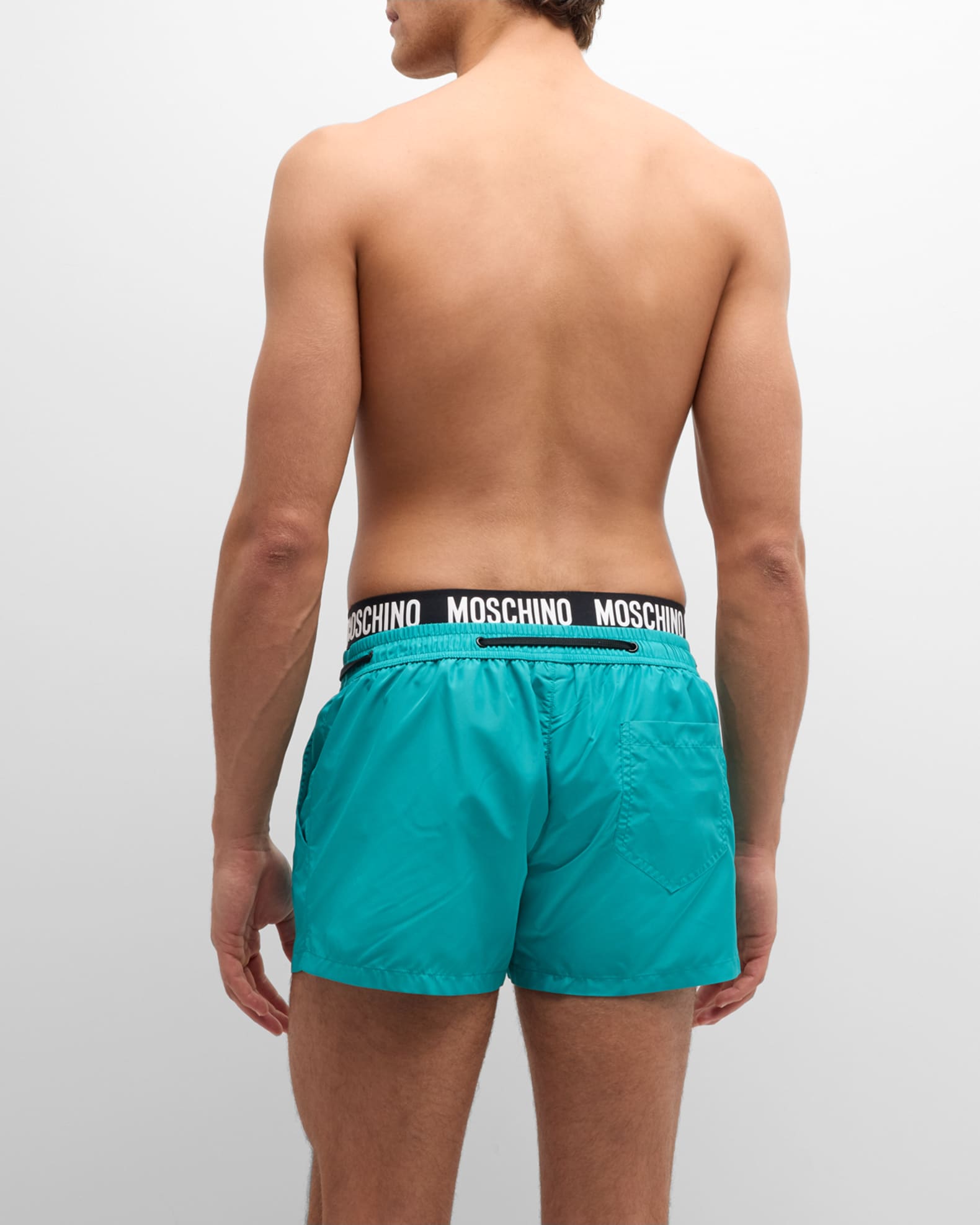 Moschino Men's Contrast Logo Waistband Swim Shorts | Neiman