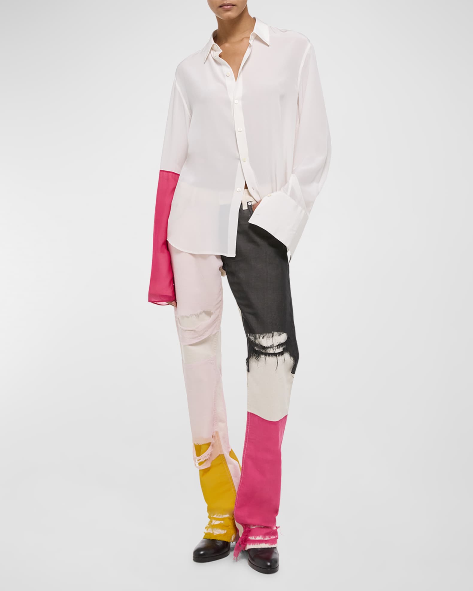 Combo Button-Front Silk Shirt 1