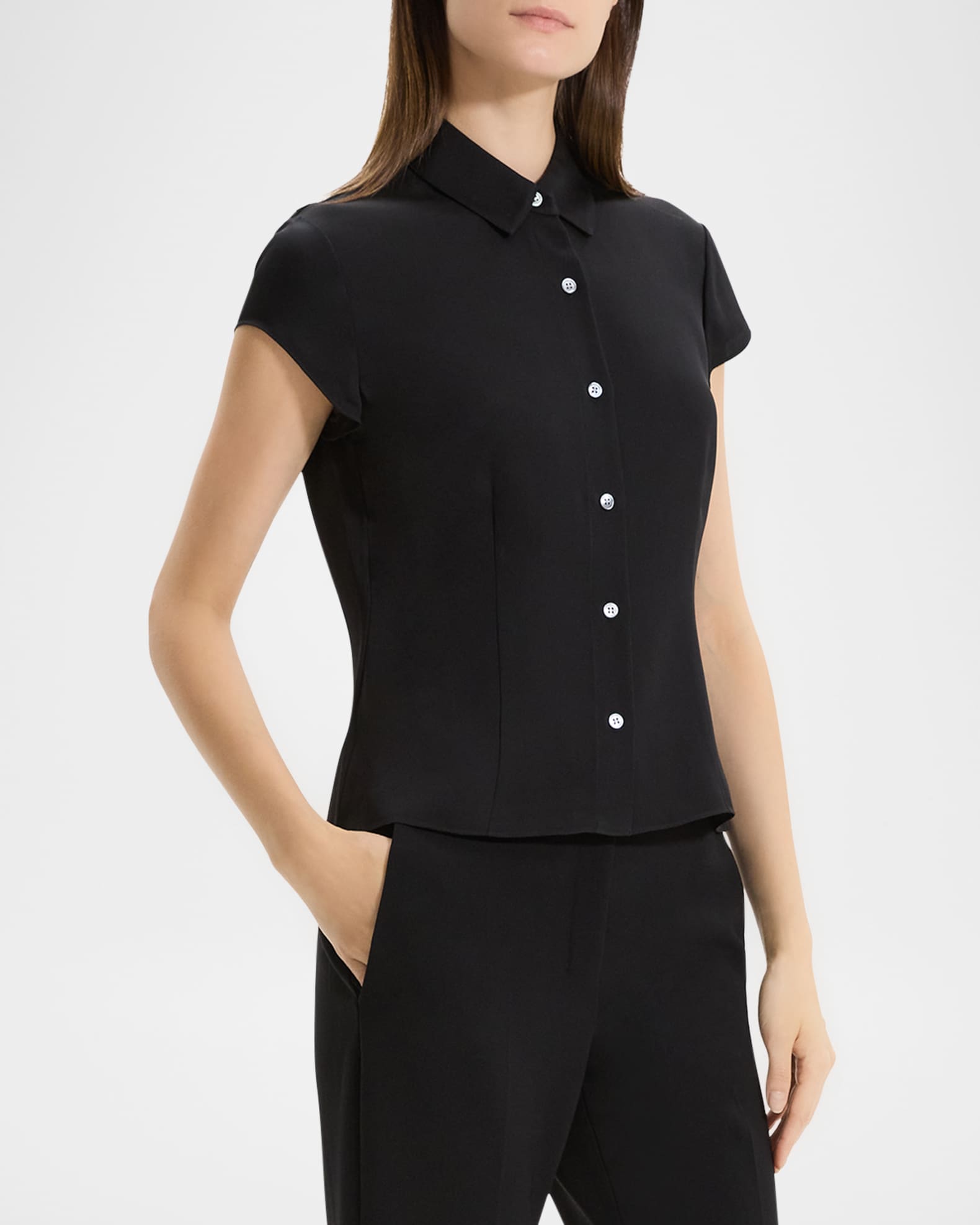 Theory Cap-Sleeve Modern Silk Georgette Blouse | Neiman Marcus
