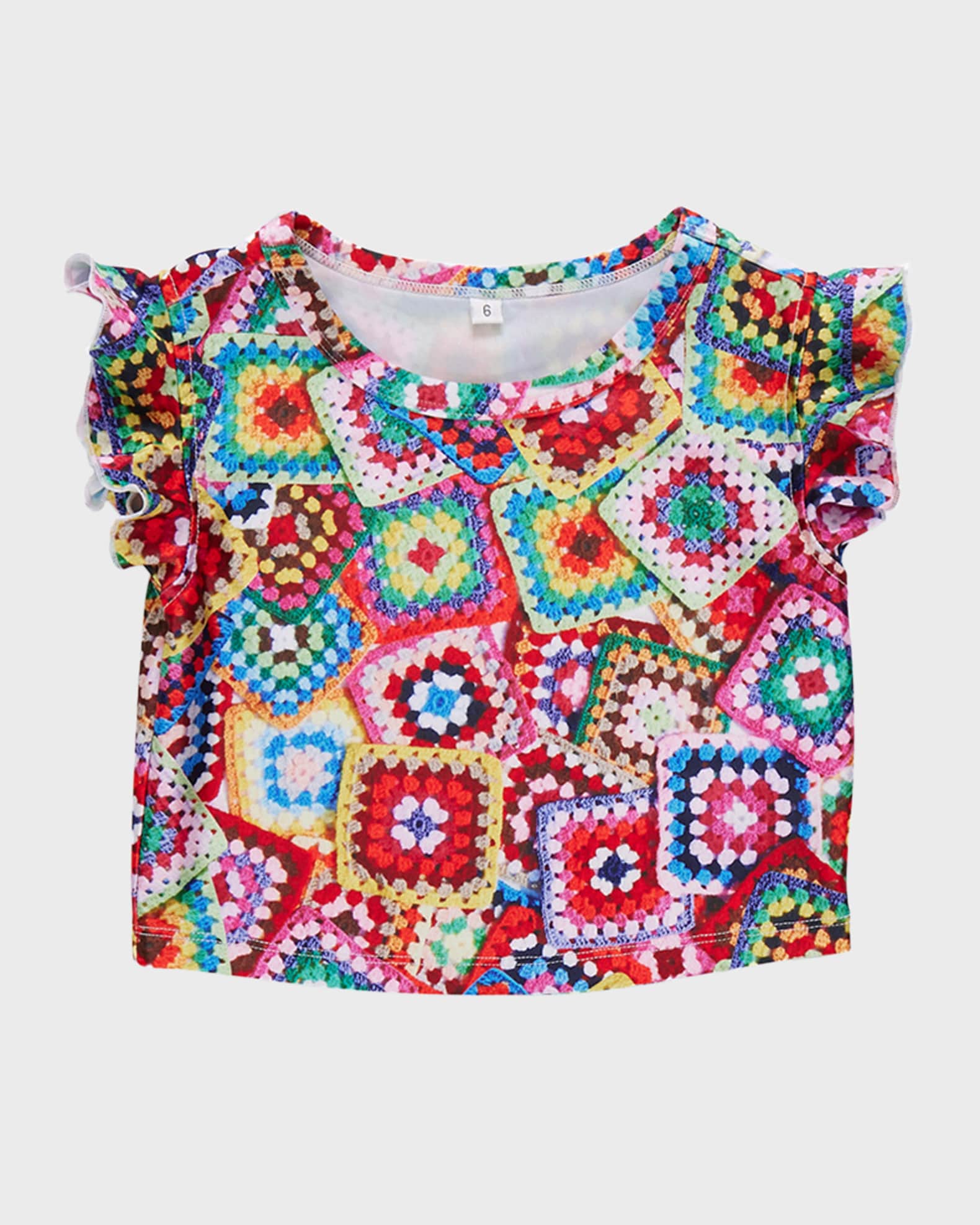 Terez Girl's Granny Squares Ruffle-Sleeve Crop Top, Size 2T-12