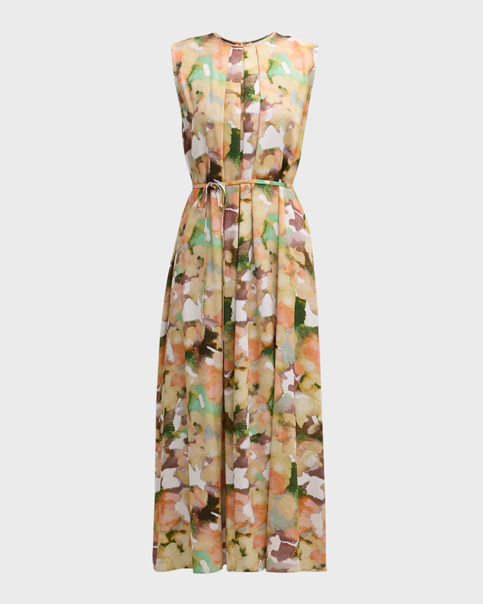 Misook Pleated Sleeveless Watercolor Print Midi Dress Neiman Marcus