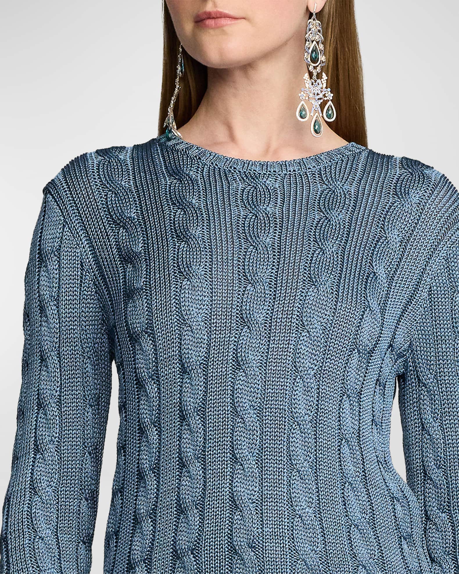 Ralph Lauren Collection High Shine Silk Cable Knit Crewneck Sweater, Blue, Women's, M, Sweaters Cable-Knit Sweaters