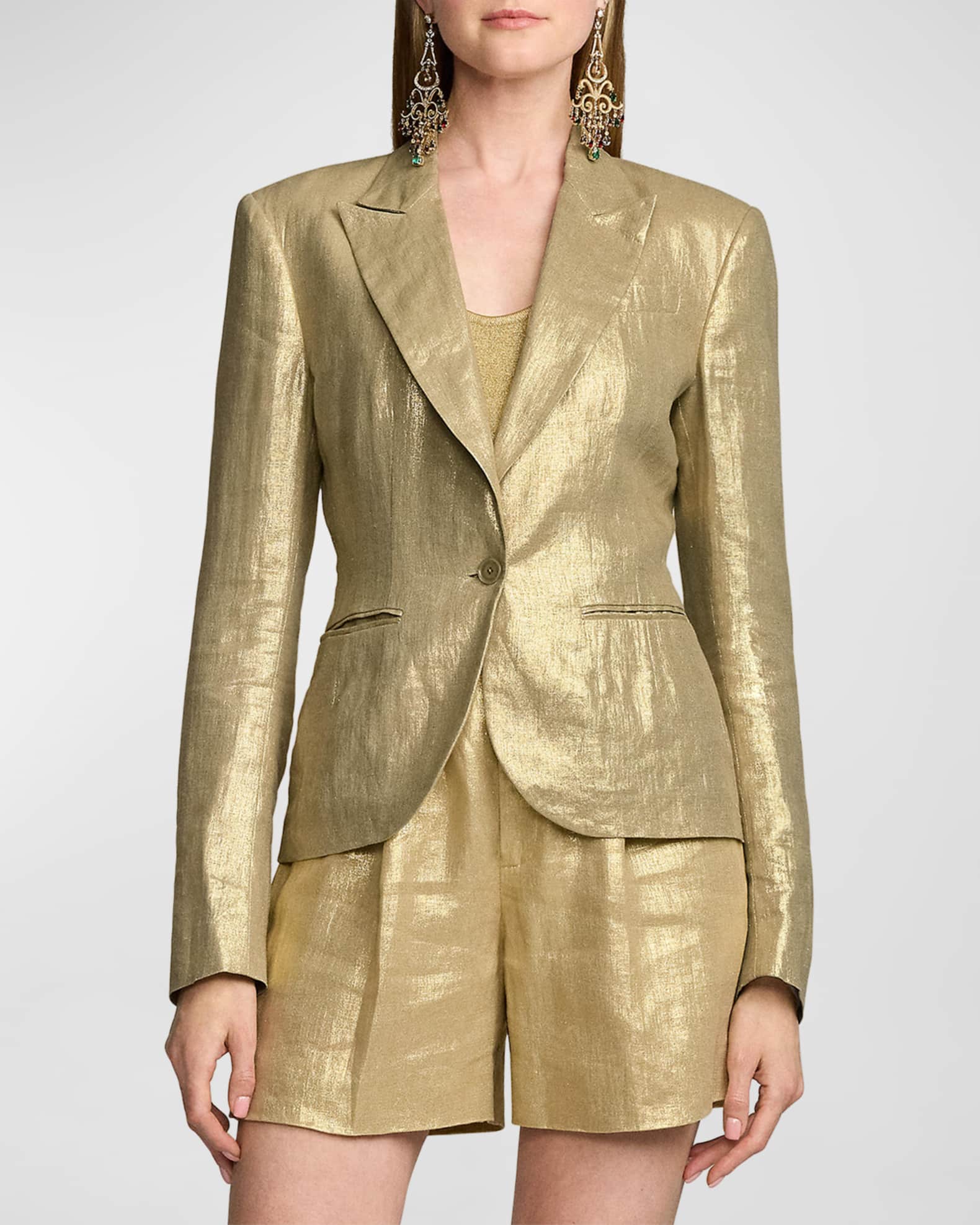 Ralph Lauren Collection Aaiden Foiled Linen Single-Breasted Blazer Jacket, Yellow, Women's, 10, Coats Jackets & Outerwear Blazers