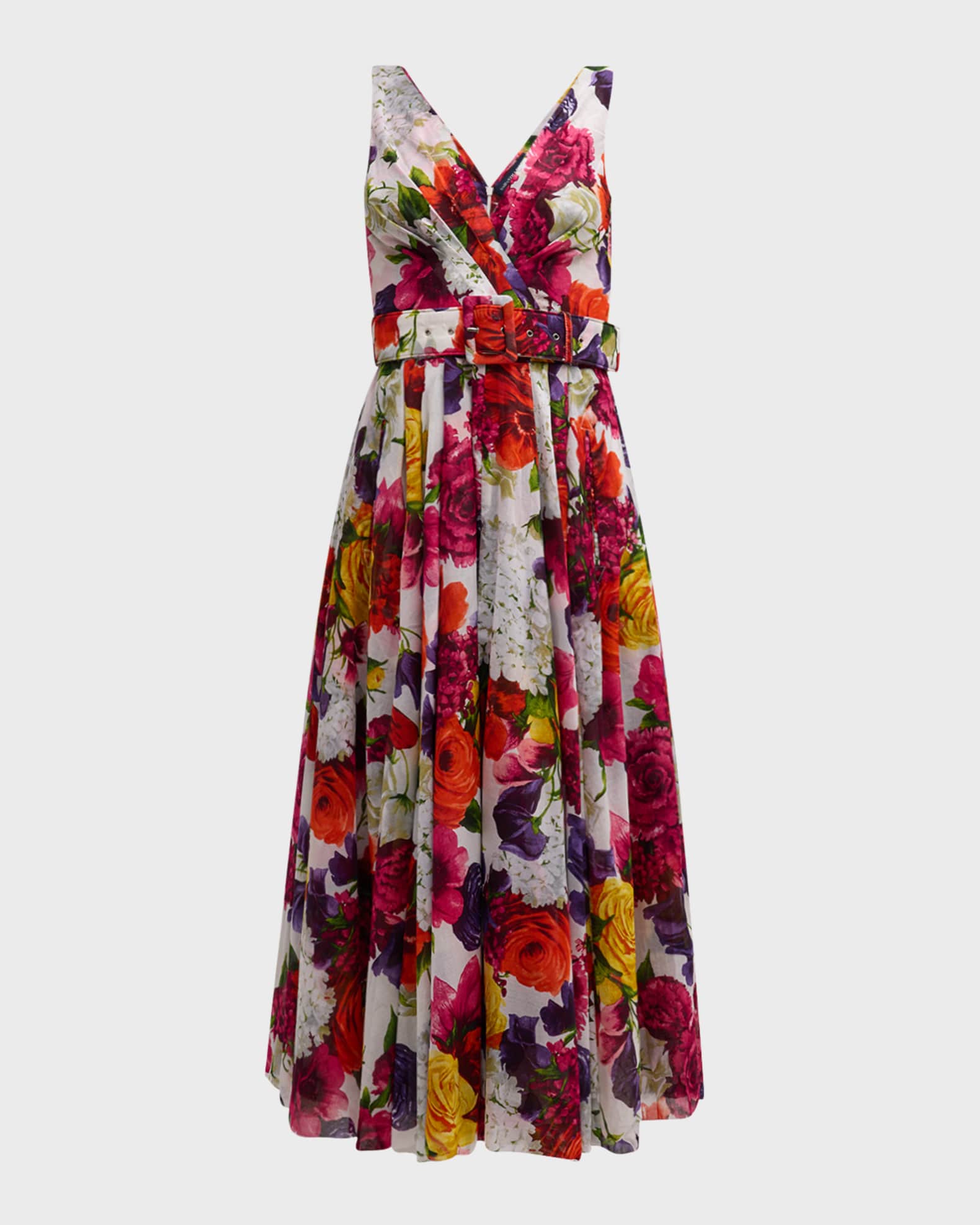 Samantha Sung Vivienne Pleated Floral-Print Midi Dress | Neiman Marcus