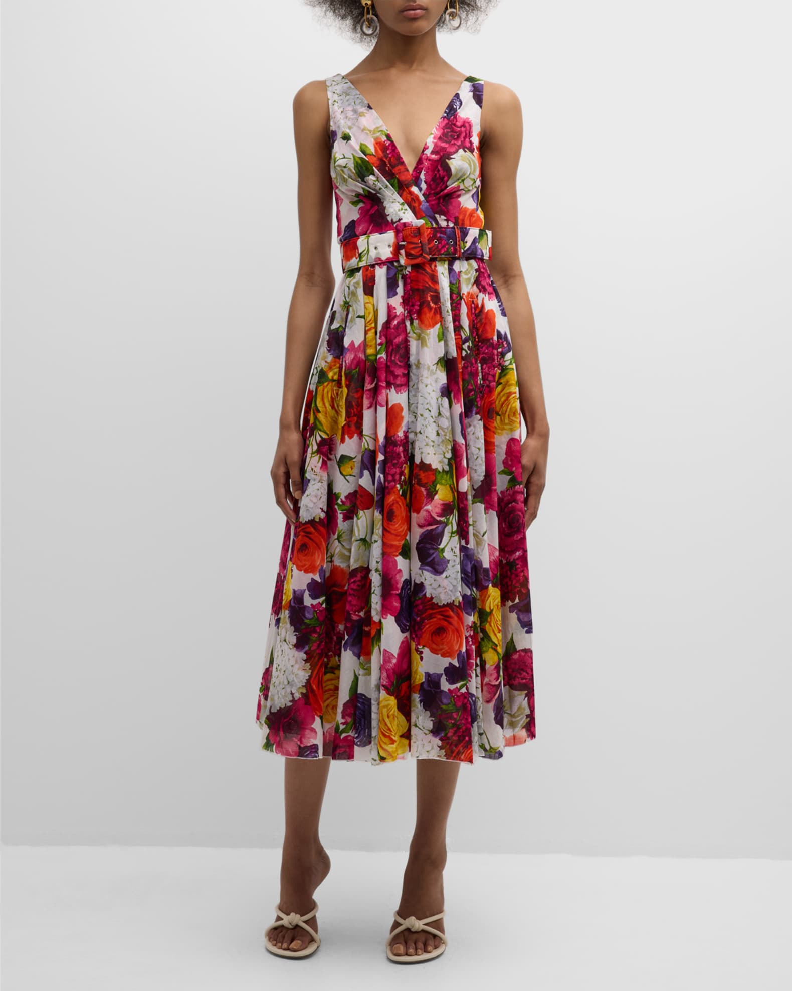 Samantha Sung Vivienne Pleated Floral-Print Midi Dress | Neiman Marcus