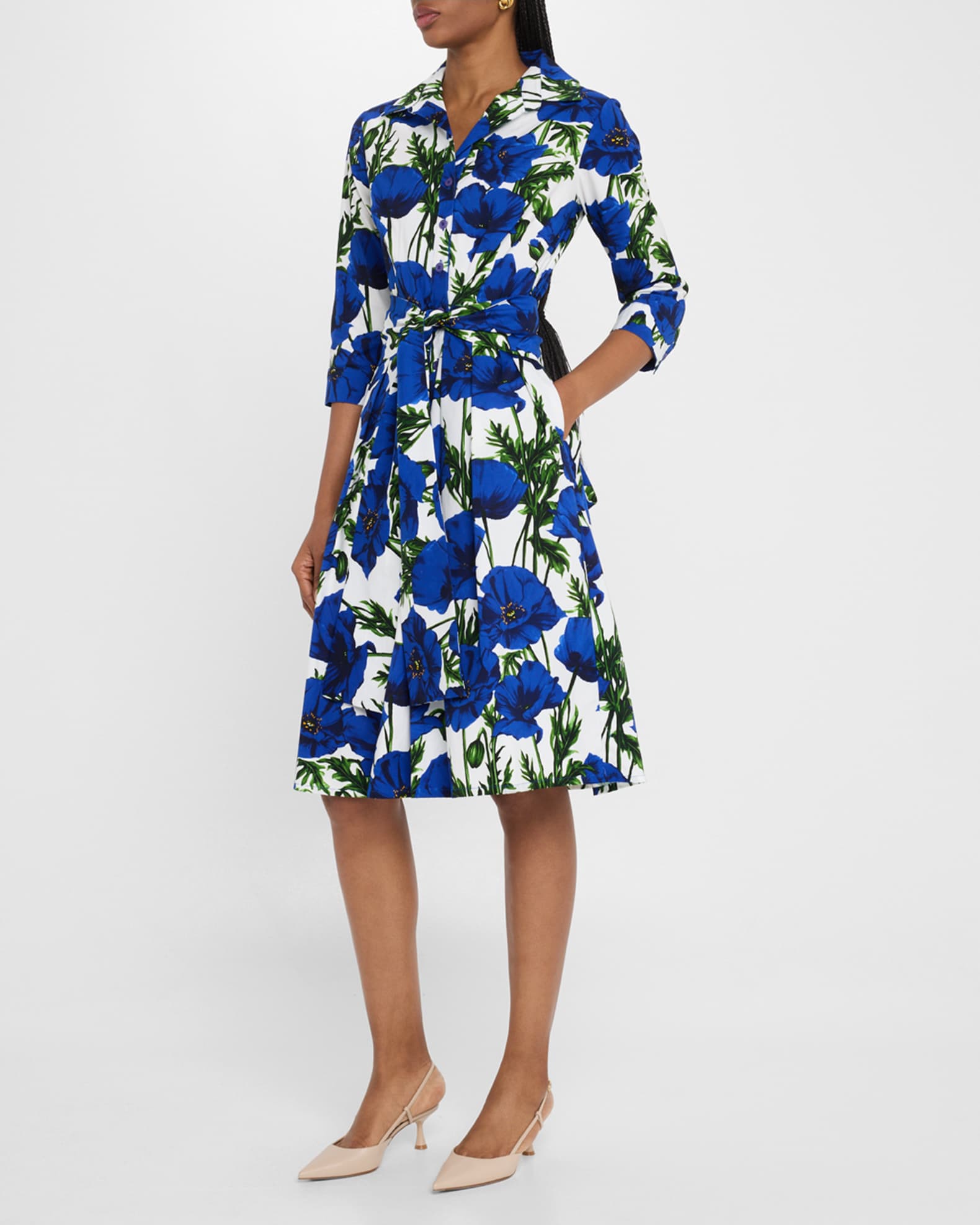 ワンピース SAMANTHA SUNG Women Mid Skirts AUDREY DRESS 4 BLUE Samantha Sung Audrey 1 Pleated Floral-Print Midi Shirtdress