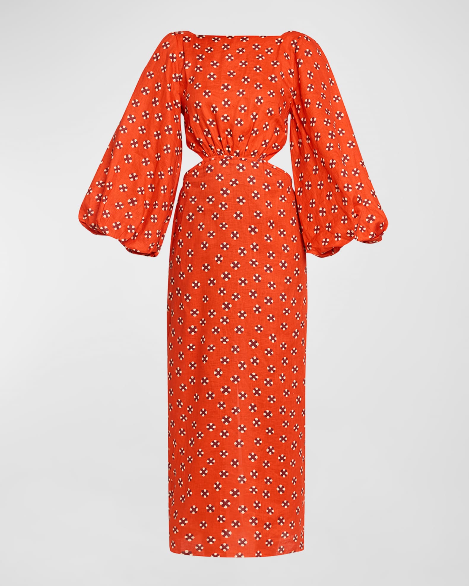 Johanna Ortiz Geometric Composition Printed Open-Back Puff-Sleeve Linen Dress