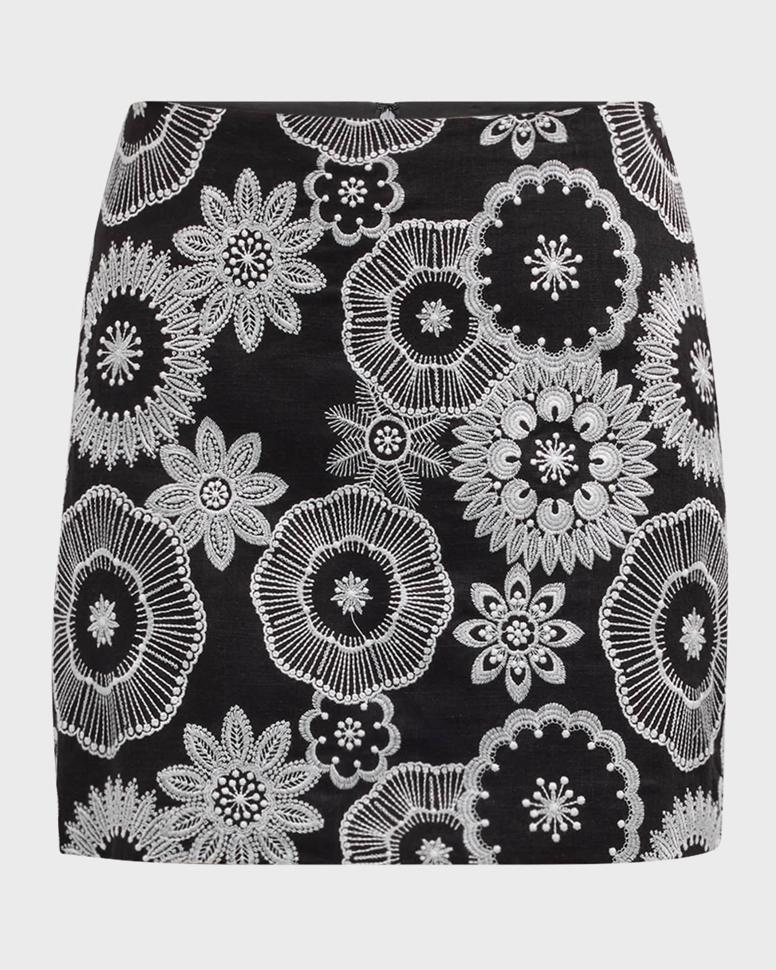Milly Floral-Embroidered Straight Mini Skirt