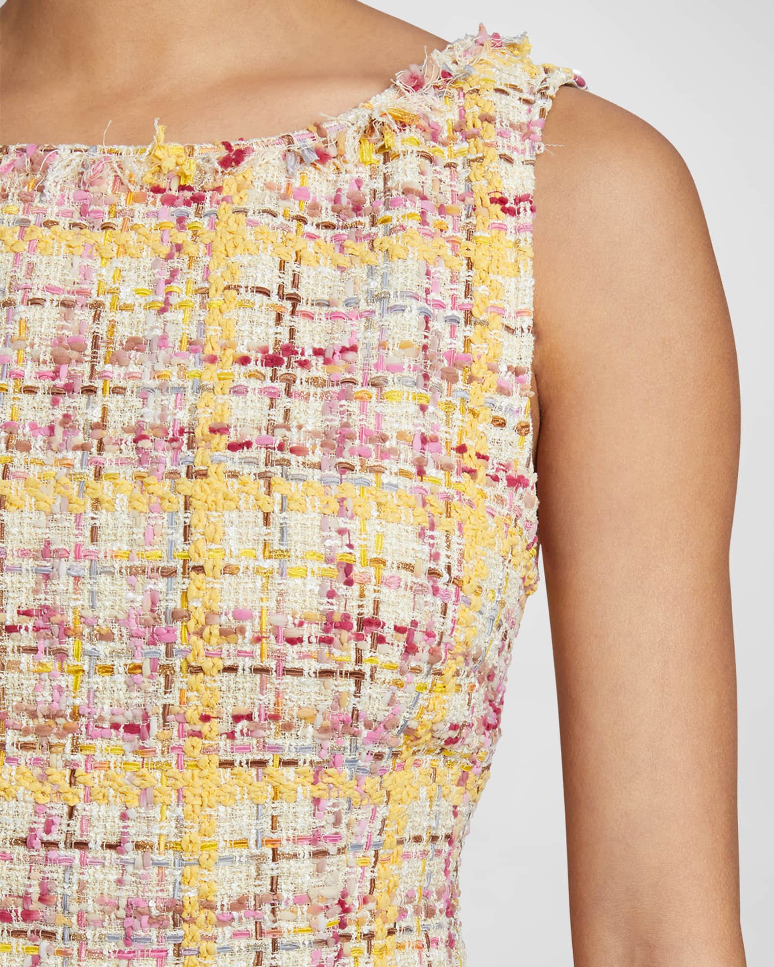 Celine Boat Neck Fringe Trim Tweed Midi Dress
