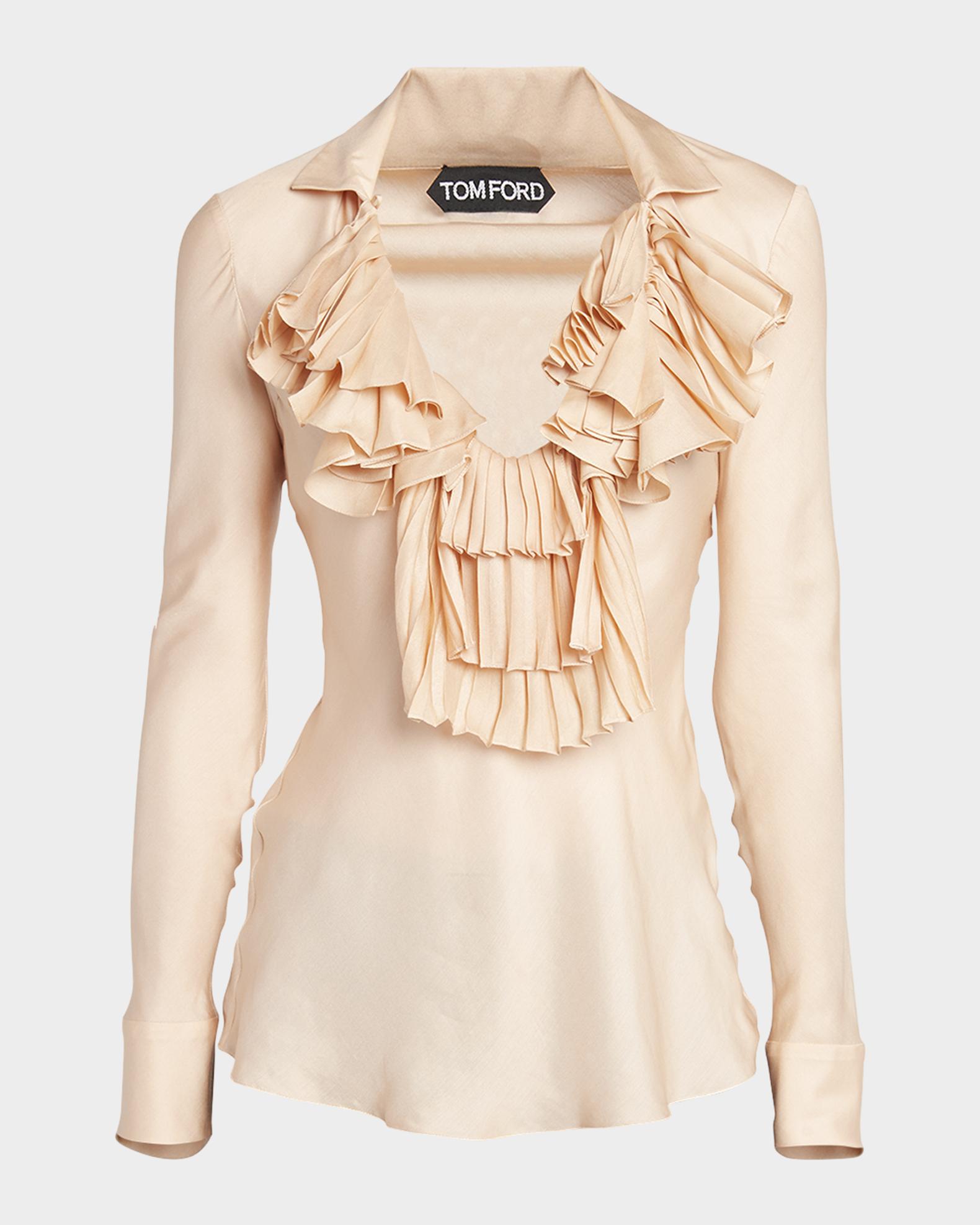 TOM FORD Ruffle V-Neck Viscose-Silk Twill Blouse | Neiman Marcus