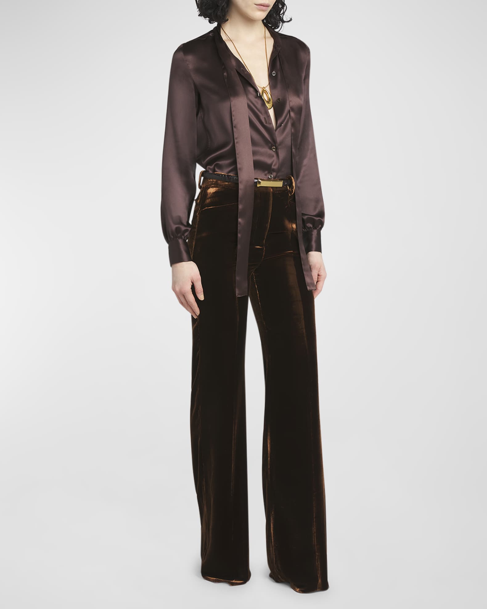 Pleated-Placket Fluid Silk Charmeuse Collared Shirt 1