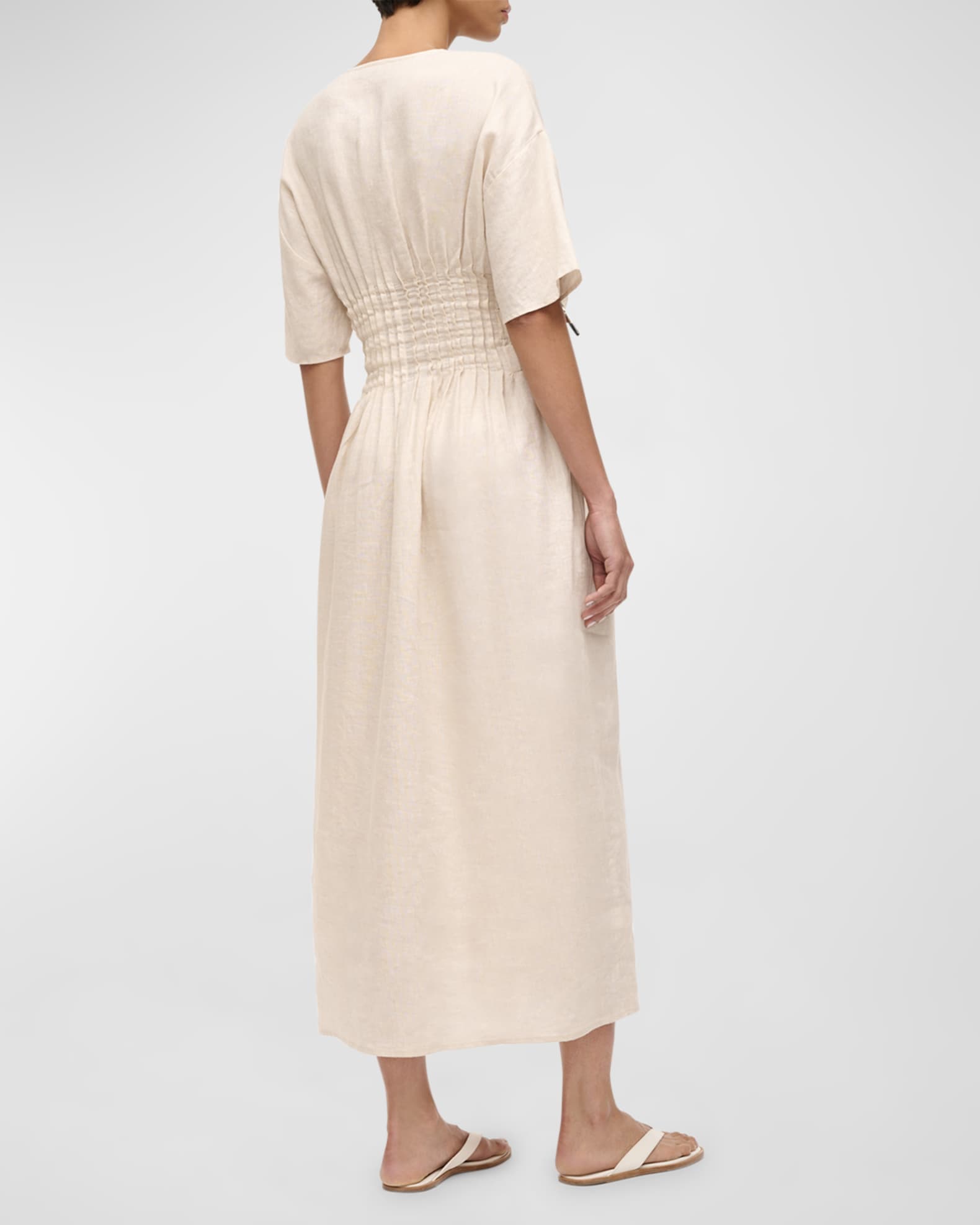 STAUD Lauretta PintuckWaist VNeck Linen Midi Dress Neiman Marcus