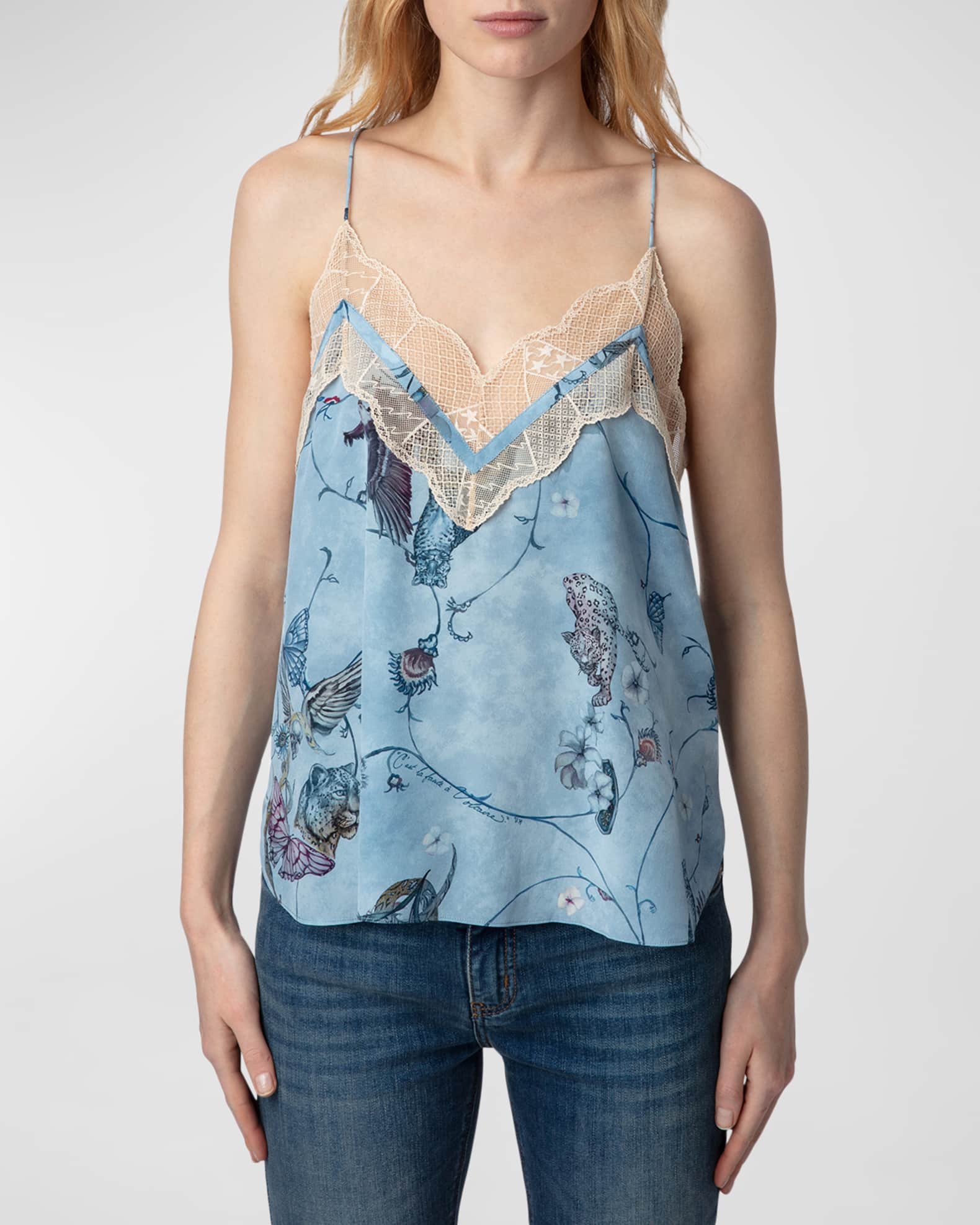 Zadig & Voltaire Christy Lace-trim Silk Camisole Top in Blue