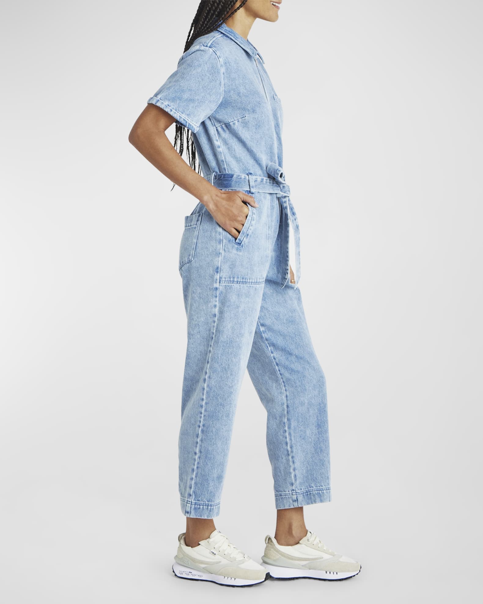 Erika Zip Front Short Sleeve Denim Jumpsuit
