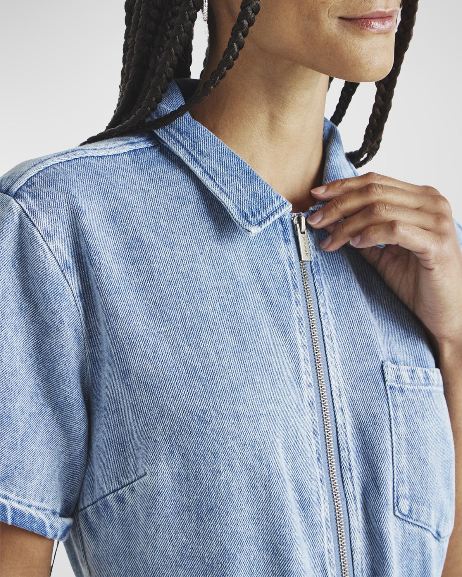 Splendid Erika Zip-Front Short-Sleeve Denim Jumpsuit | Neiman Marcus