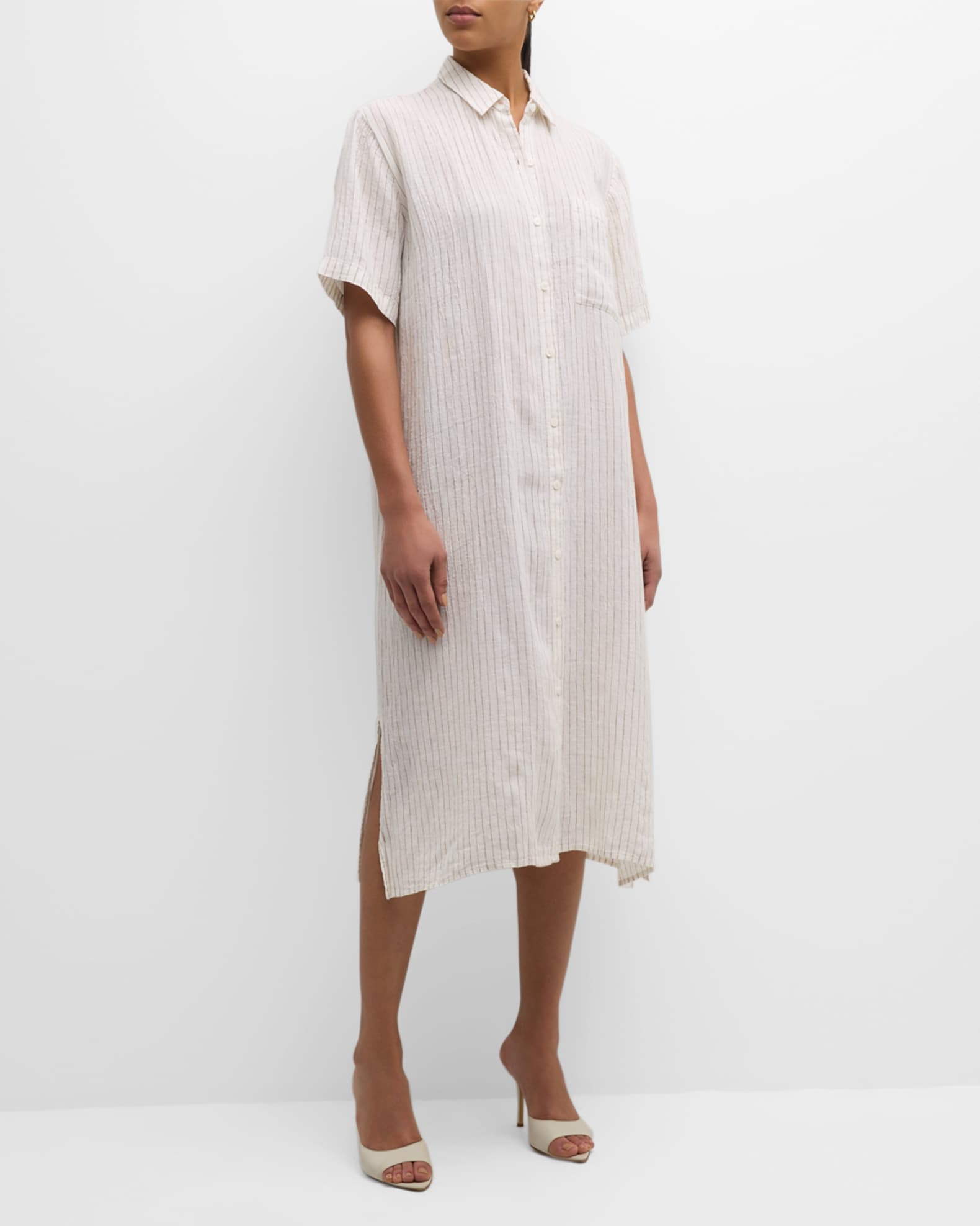 Eileen Fisher Petite Striped Organic Linen Midi Shirtdress